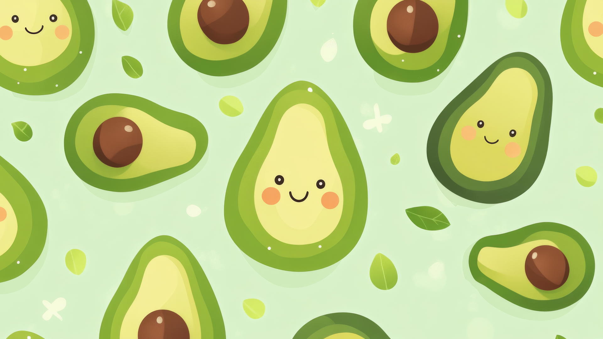 cute green wallpaper with cheerful kawaii avocados on light green background