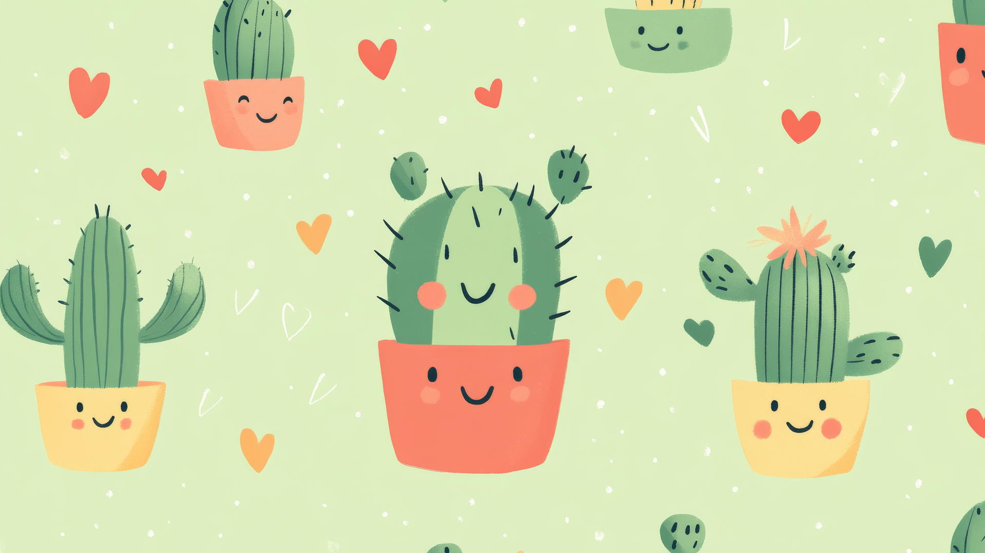 cute green wallpaper with smiling cacti in colorful pots on light green background