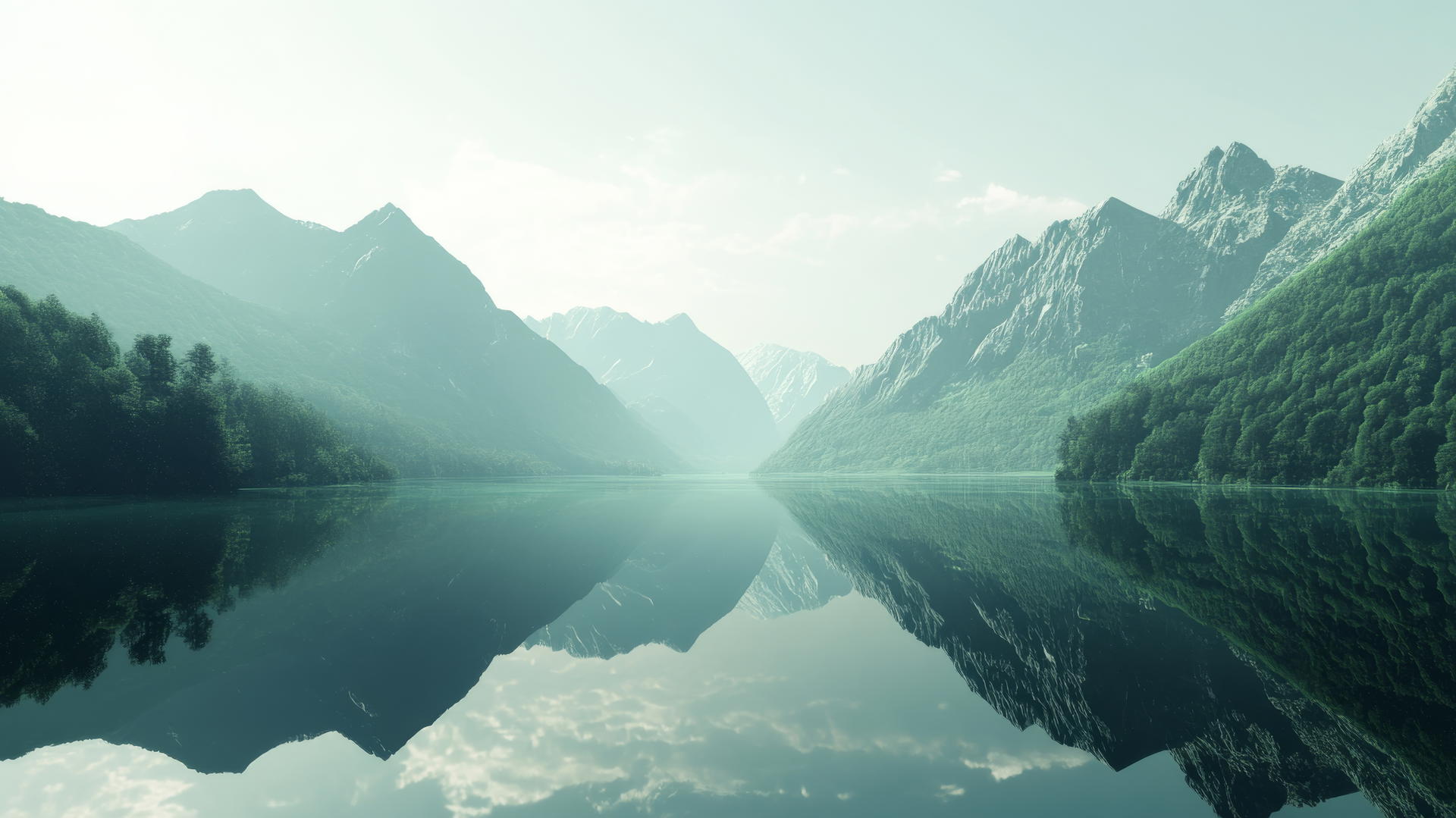 Green aesthetic wallpaper with serene mountain landscape reflected in a still lake.