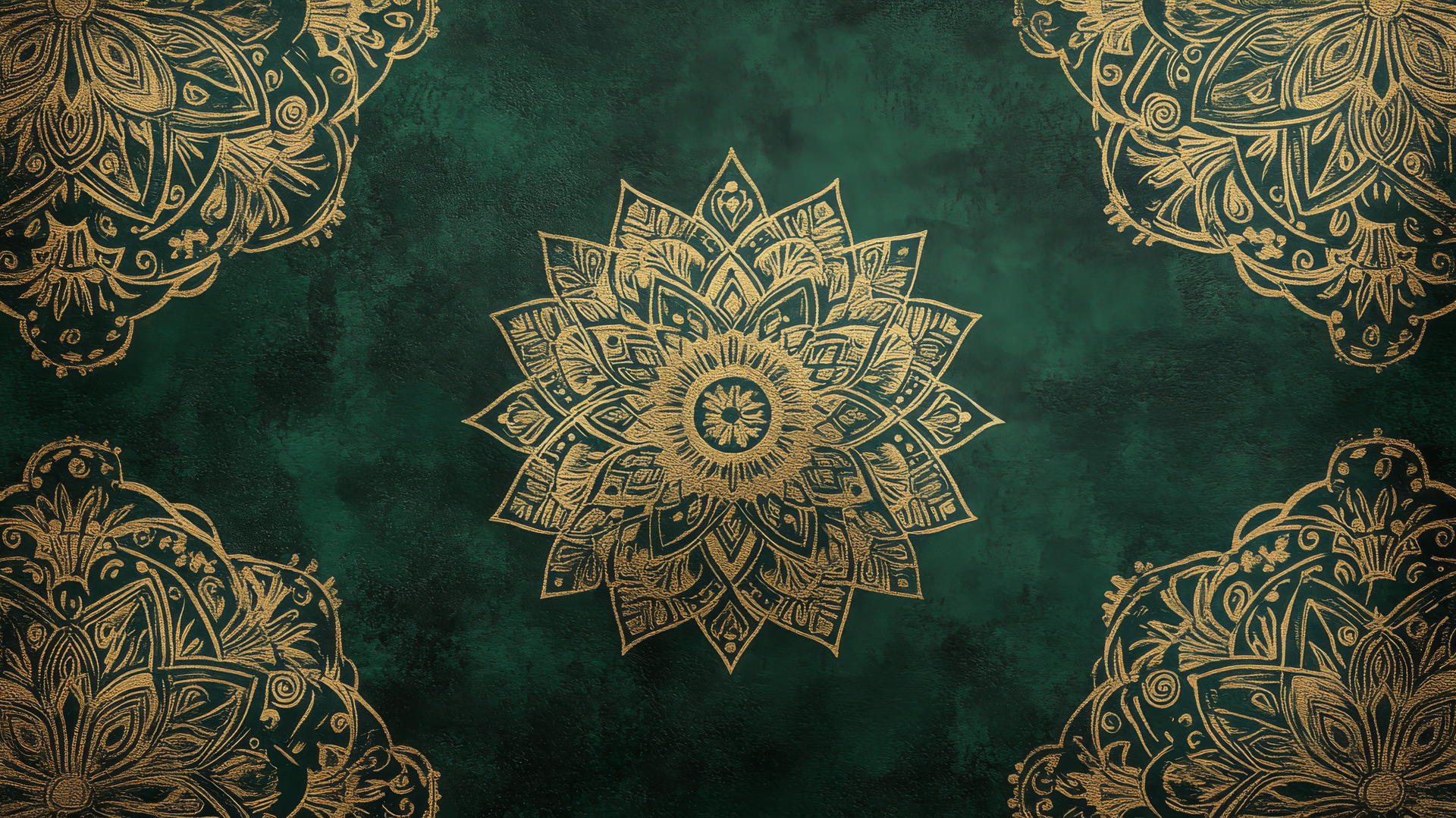 green aesthetic wallpaper with dark green background and gold mandala patterns