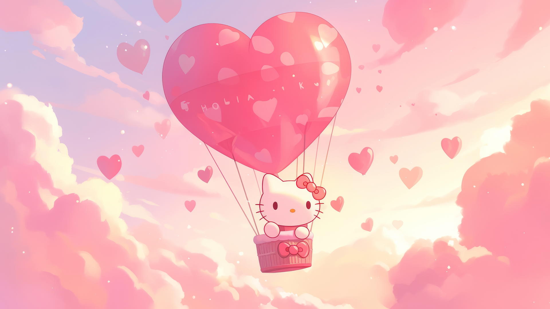 Pink Hello Kitty wallpaper with Hello Kitty in a pink hot air balloon and heart-shaped clouds