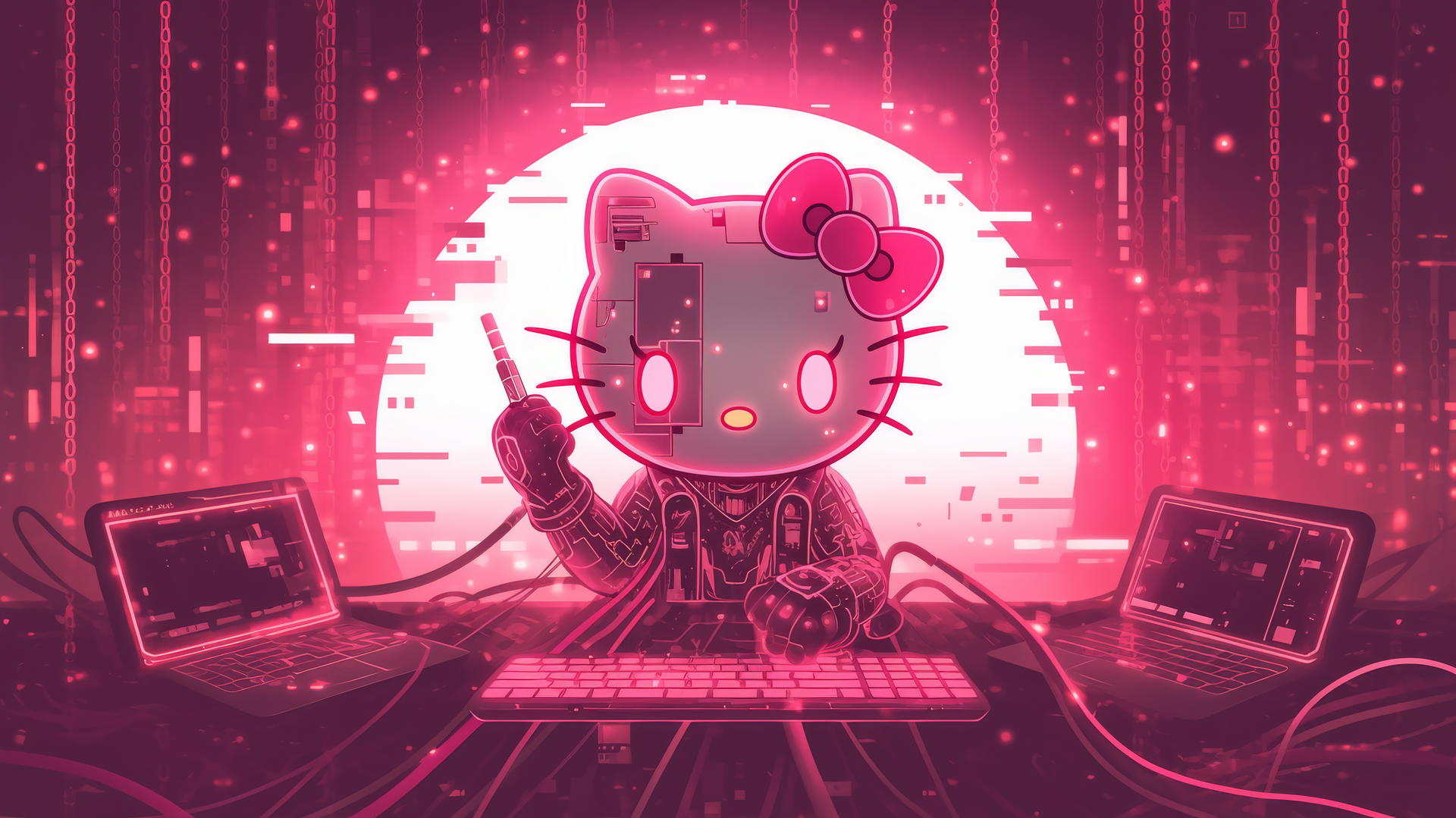 Y2K Hello Kitty wallpaper aesthetic with tech-inspired design, binary code, and circuit boards