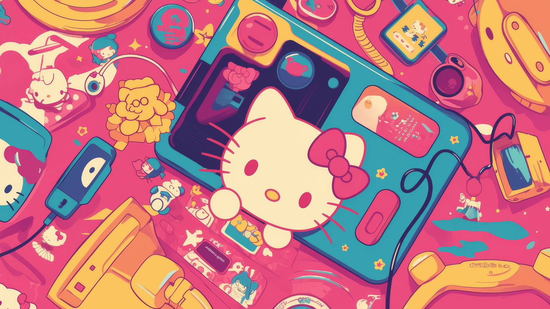 Y2K Hello Kitty wallpaper aesthetic with flip phones and colorful buttons