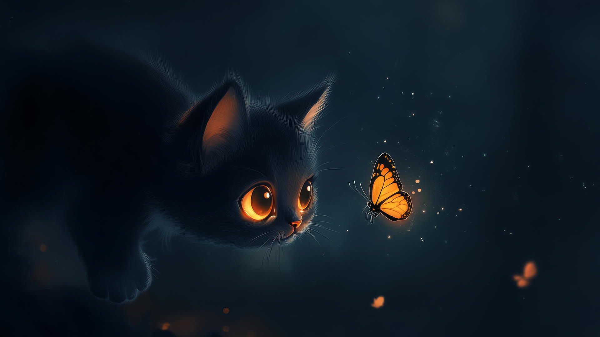 black cute wallpaper with a tiny cartoon kitten chasing a butterfly on dark, sparkly background.