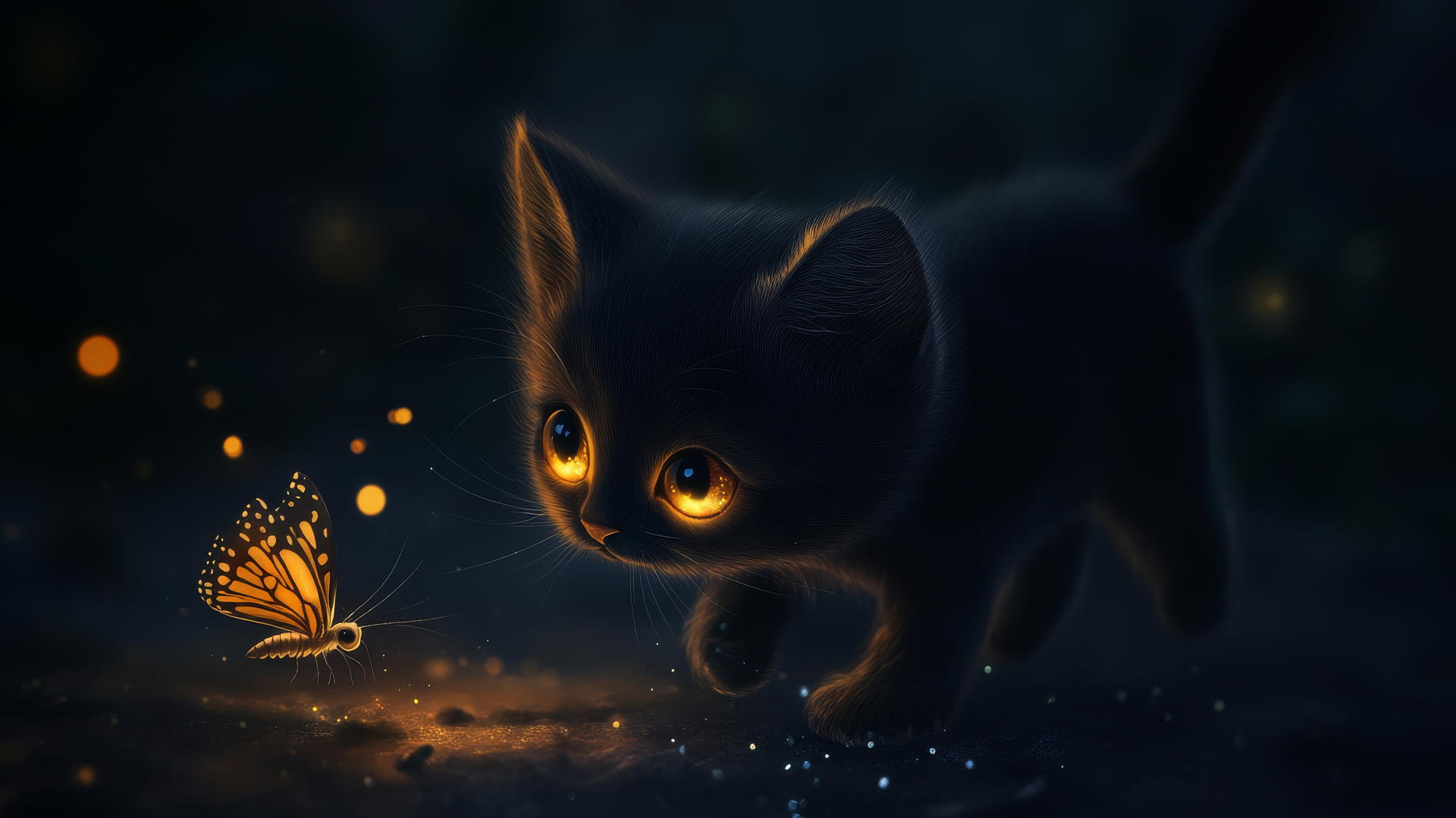 black cute wallpaper with a tiny cartoon kitten chasing a butterfly on a dark sparkly background