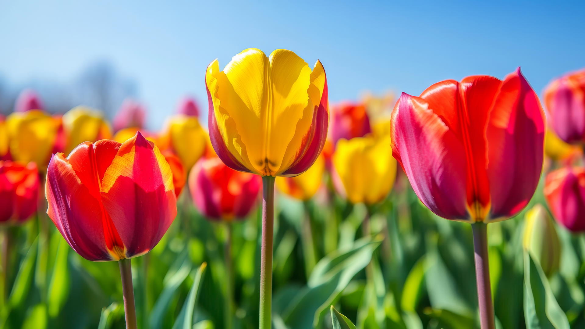 flower nature wallpaper of colorful tulip garden in spring with bright red, yellow, and orange blooms under clear blue sky