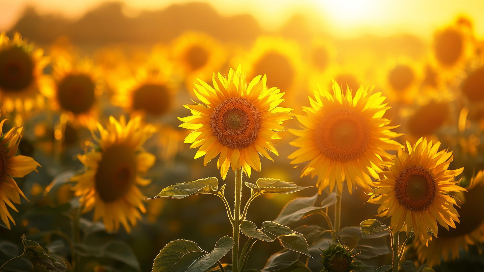 flower nature wallpaper with sunflowers in a field during golden hour