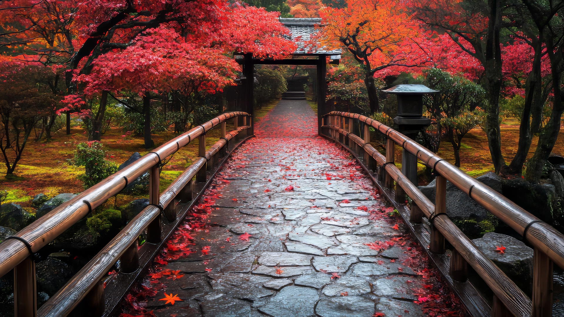 nature aesthetic wallpaper of Japanese garden with red maple leaves, stone path, wooden bridge