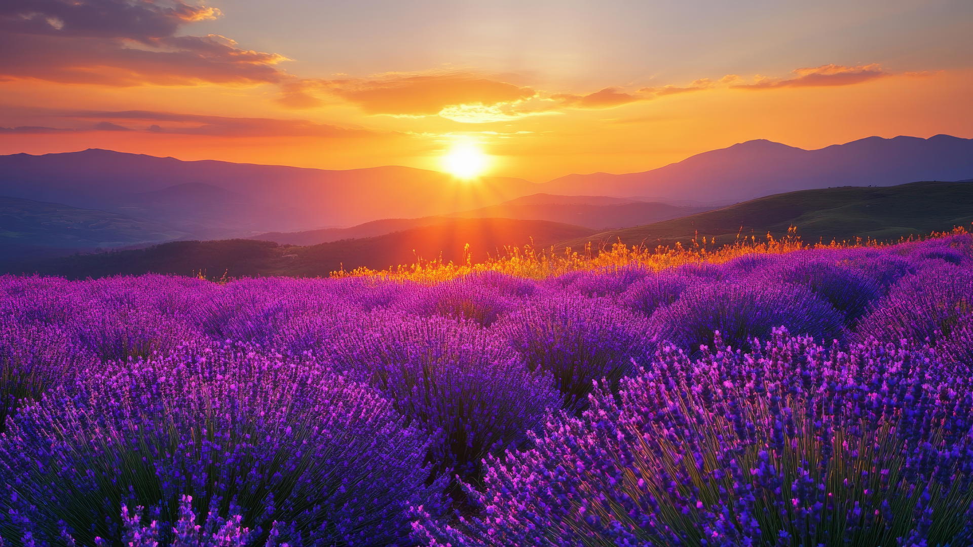 beautiful nature wallpaper 4k with a field of lavender under a golden sunset and distant mountains