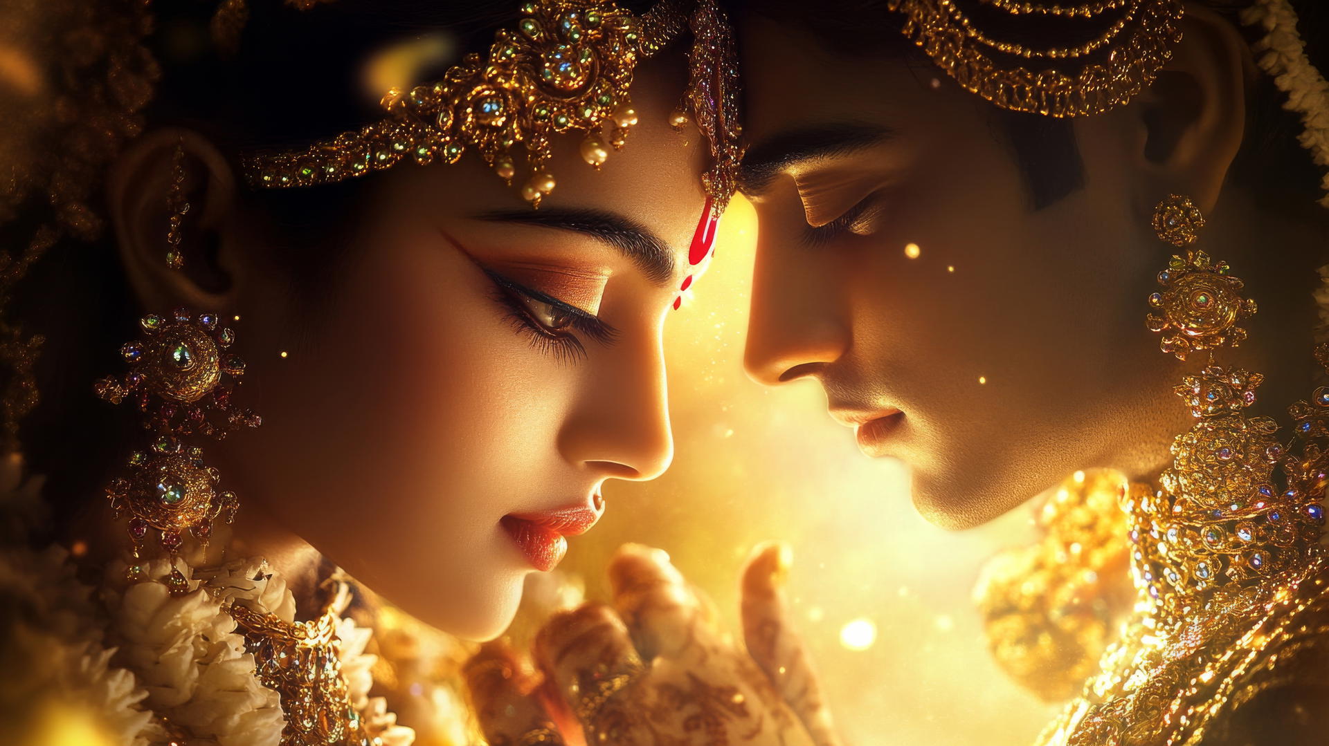 Radha Krishna HD wallpaper, close-up of faces, tender gaze, intricate jewelry