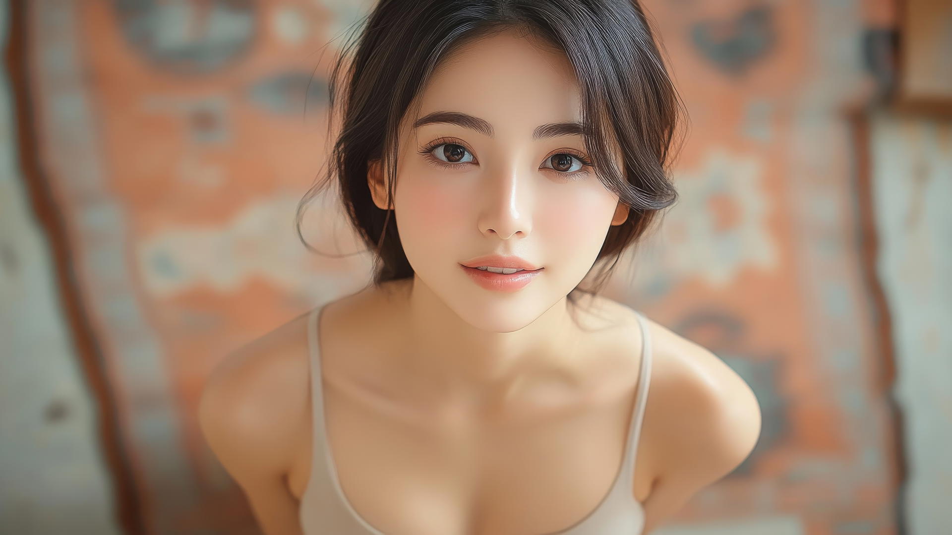 Asian girl with smooth pink skin kneeling, looking down, smiling, wearing black socks.