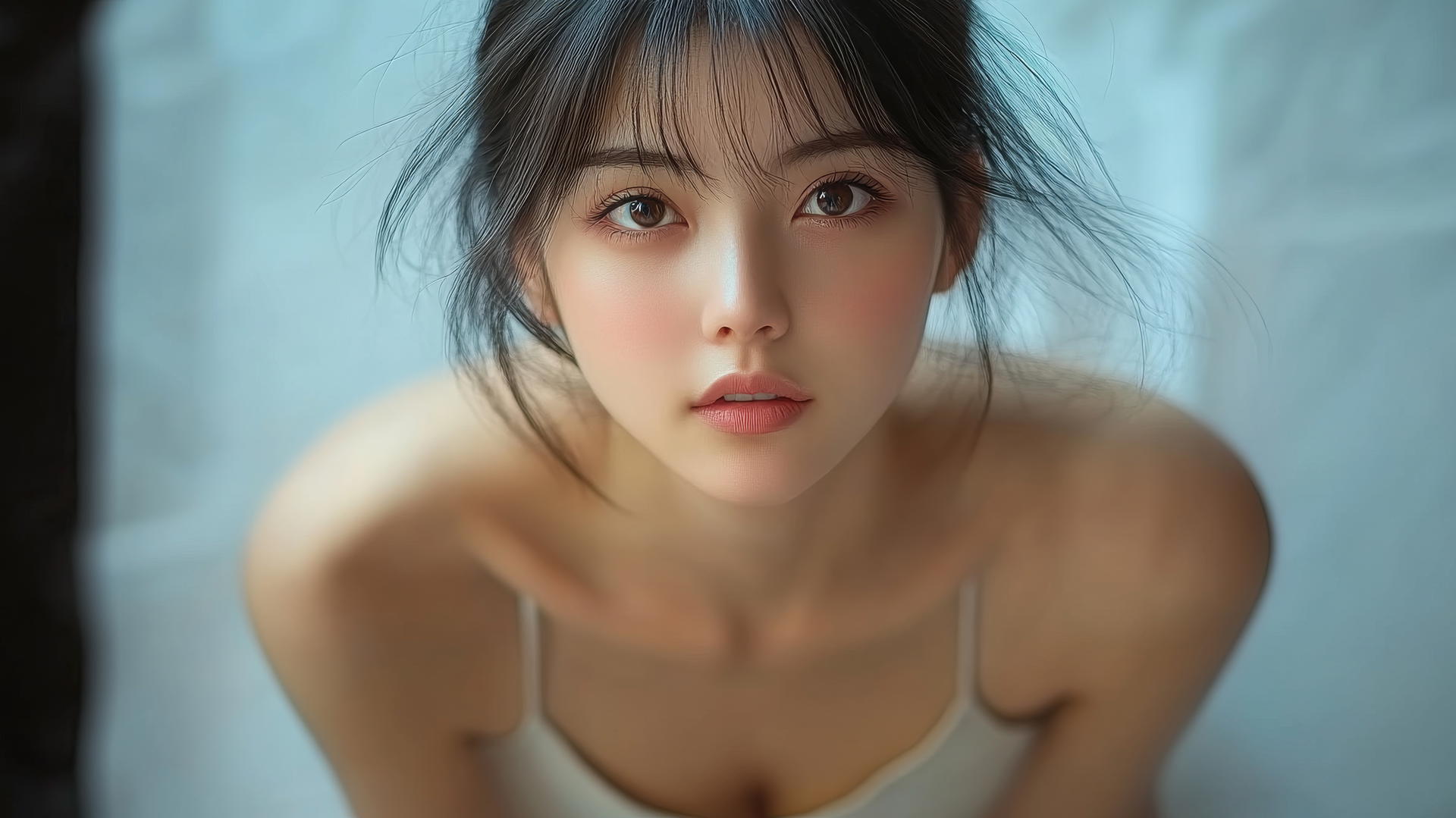 Isolated shot of a pure and quiet Asian girl kneeling and smiling, seen from below.