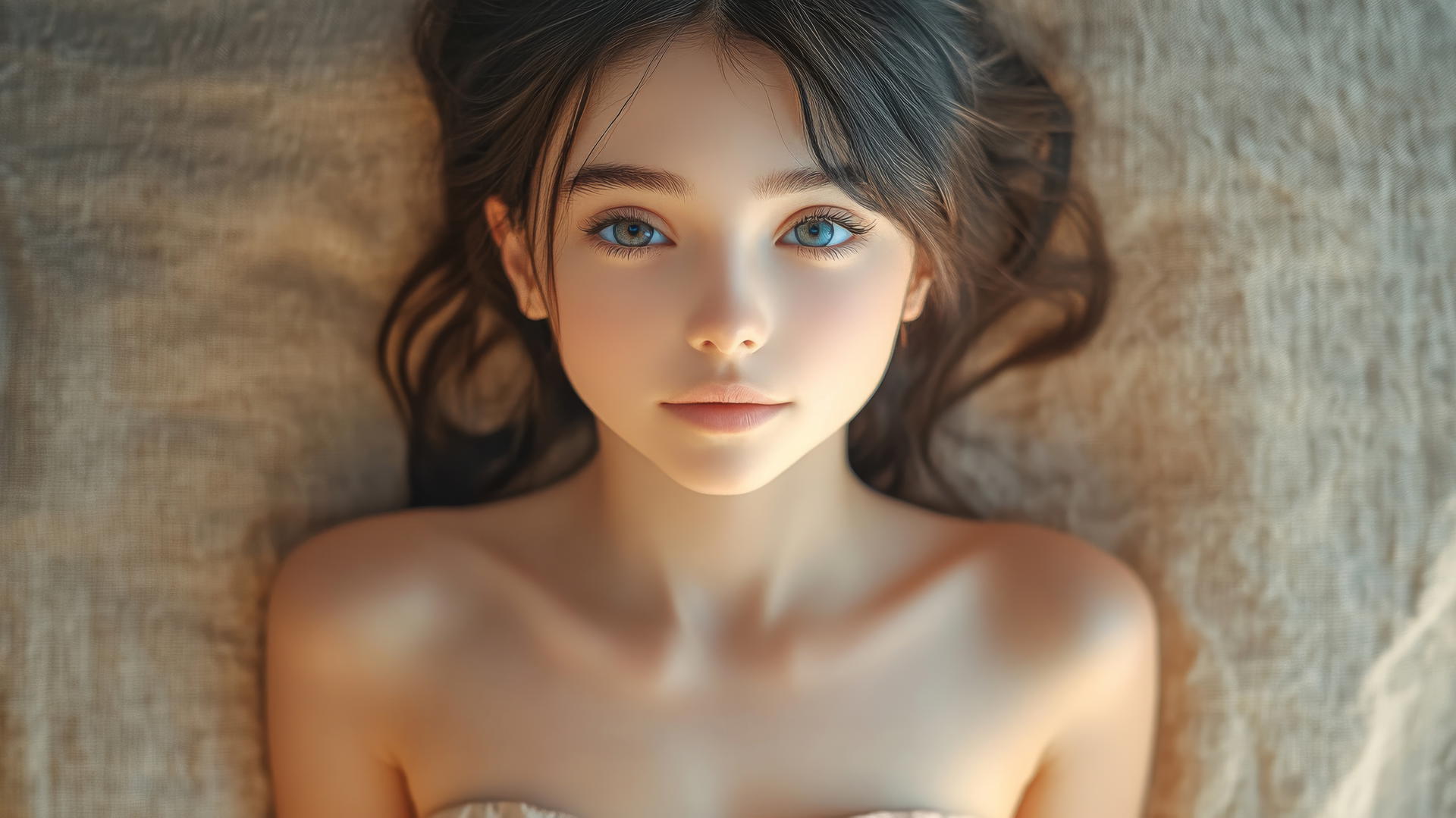 Isolated shot of a beautiful, quiet Asian girl kneeling and smiling, seen from below.