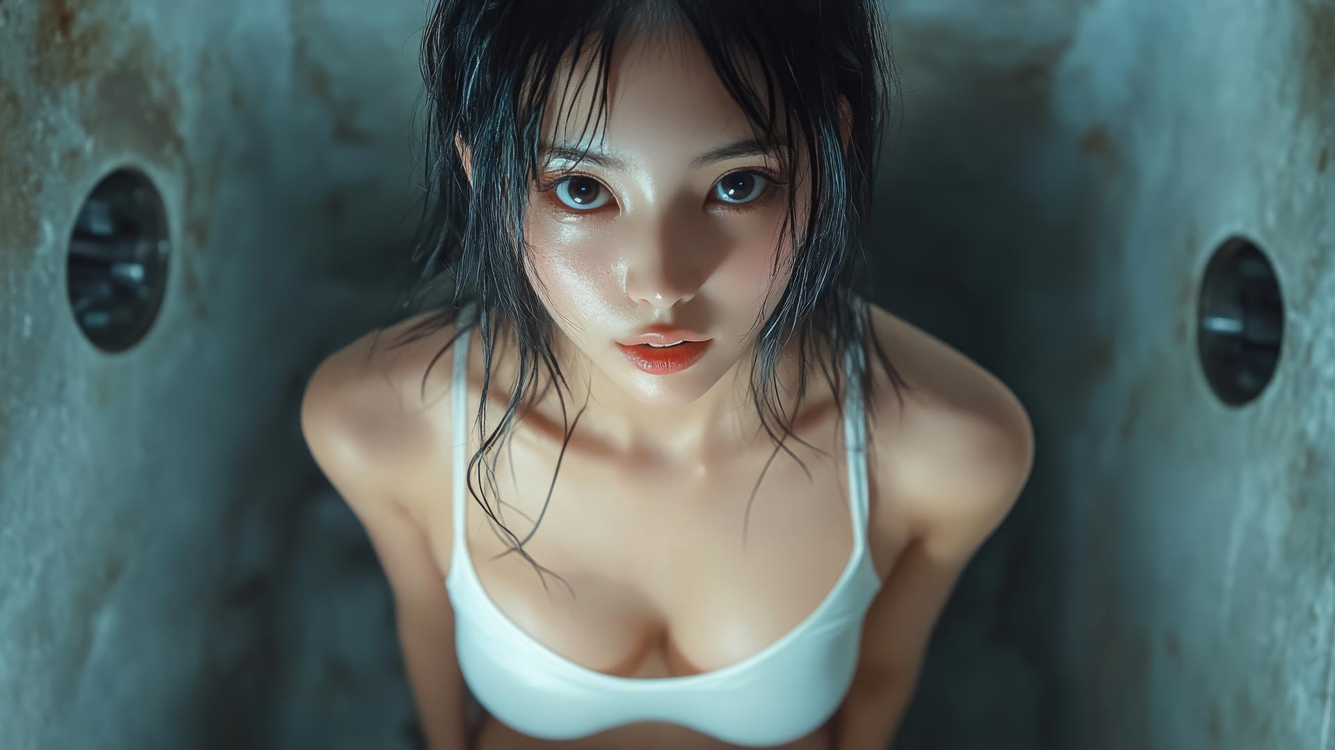 Isolated shot of an Asian girl kneeling, looking down with a smile, smooth pink skin, black socks.