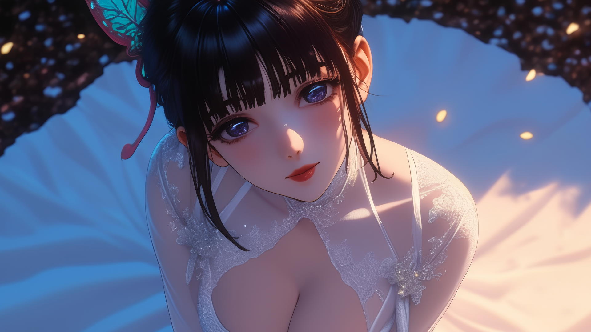 Kanao Tsuyuri from Demon Slayer in wedding dress kneeling, viewed from above with warm light.