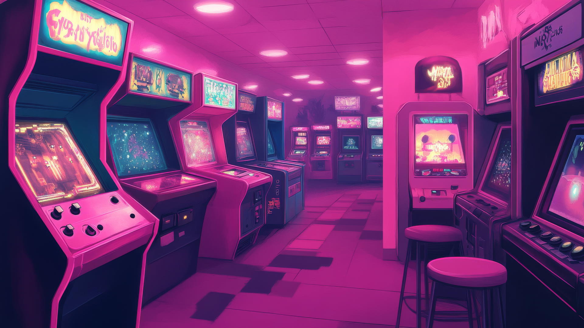pink Y2K wallpaper with neon pink game machines and pixelated characters.