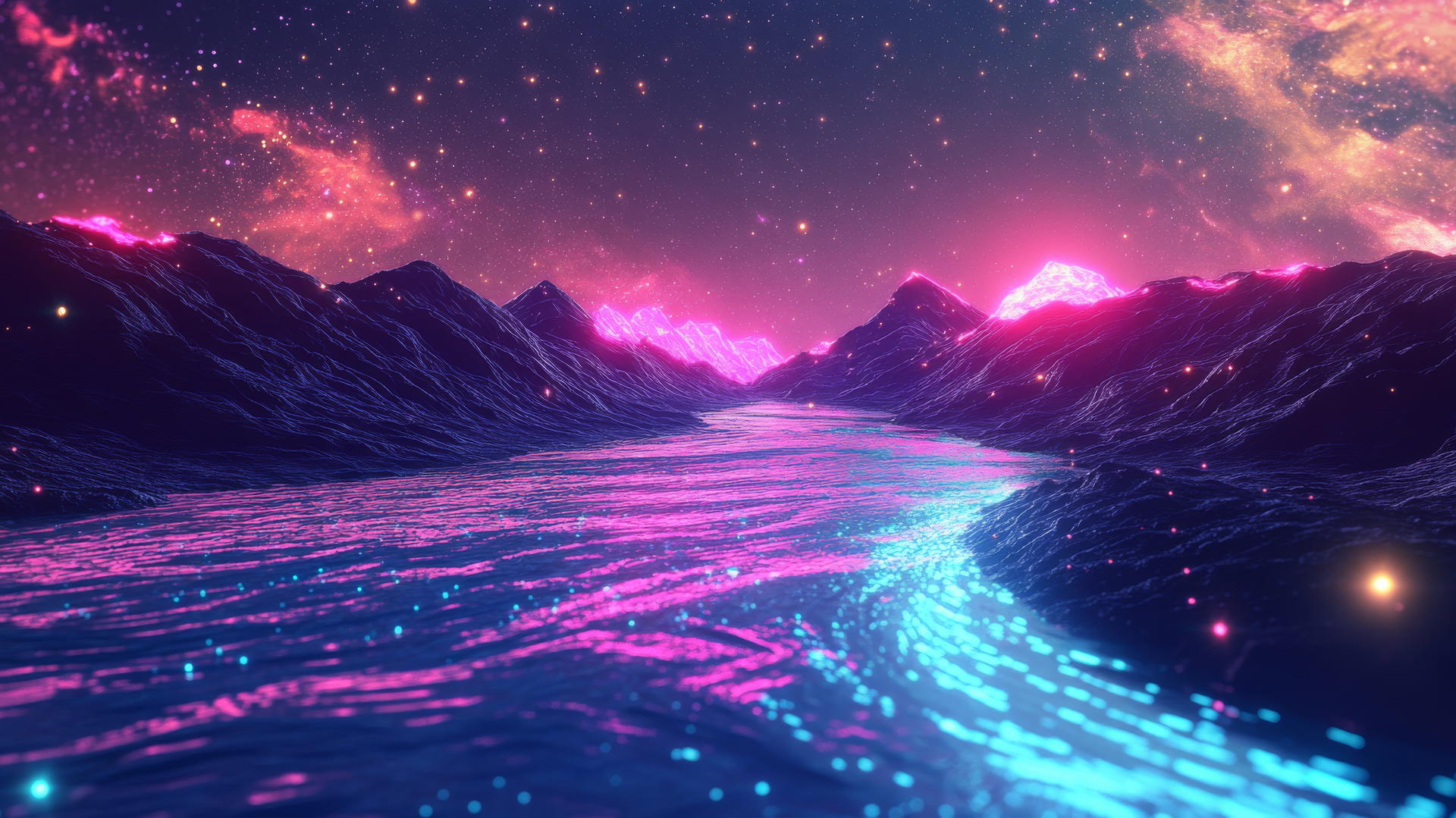 Y2K star wallpaper with neon star particles and holographic reflections