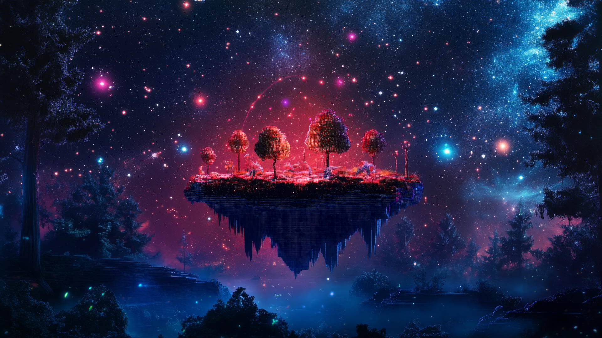 Y2K star wallpaper with digital island, neon trees, pixelated animals, and holographic constellations
