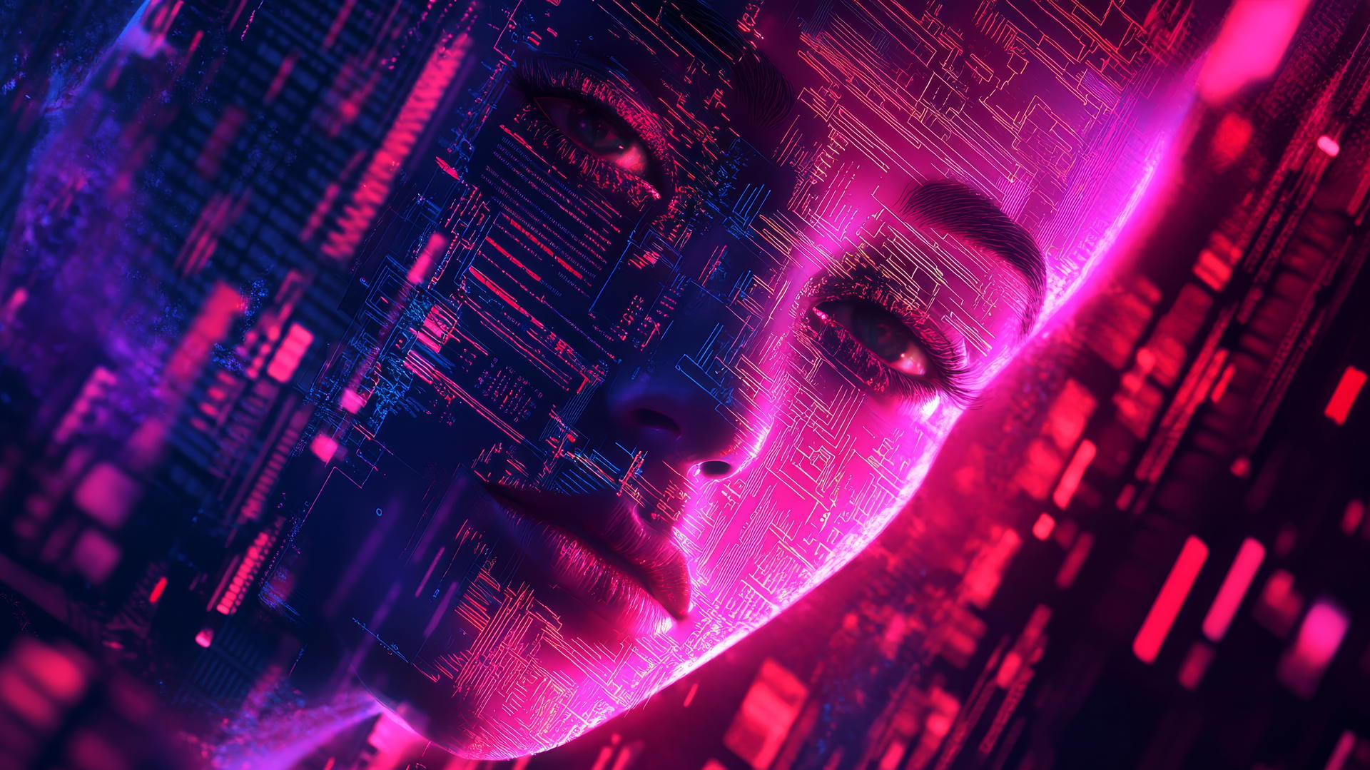 Cyber Y2K wallpaper with glitchy digital face, neon circuits, binary code.