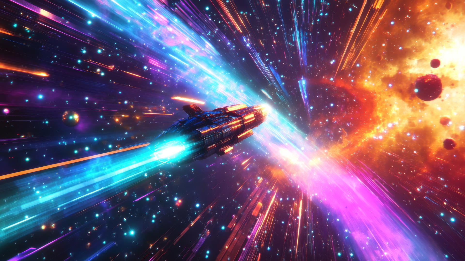 Star wallpaper Y2K with a starship in a neon digital galaxy