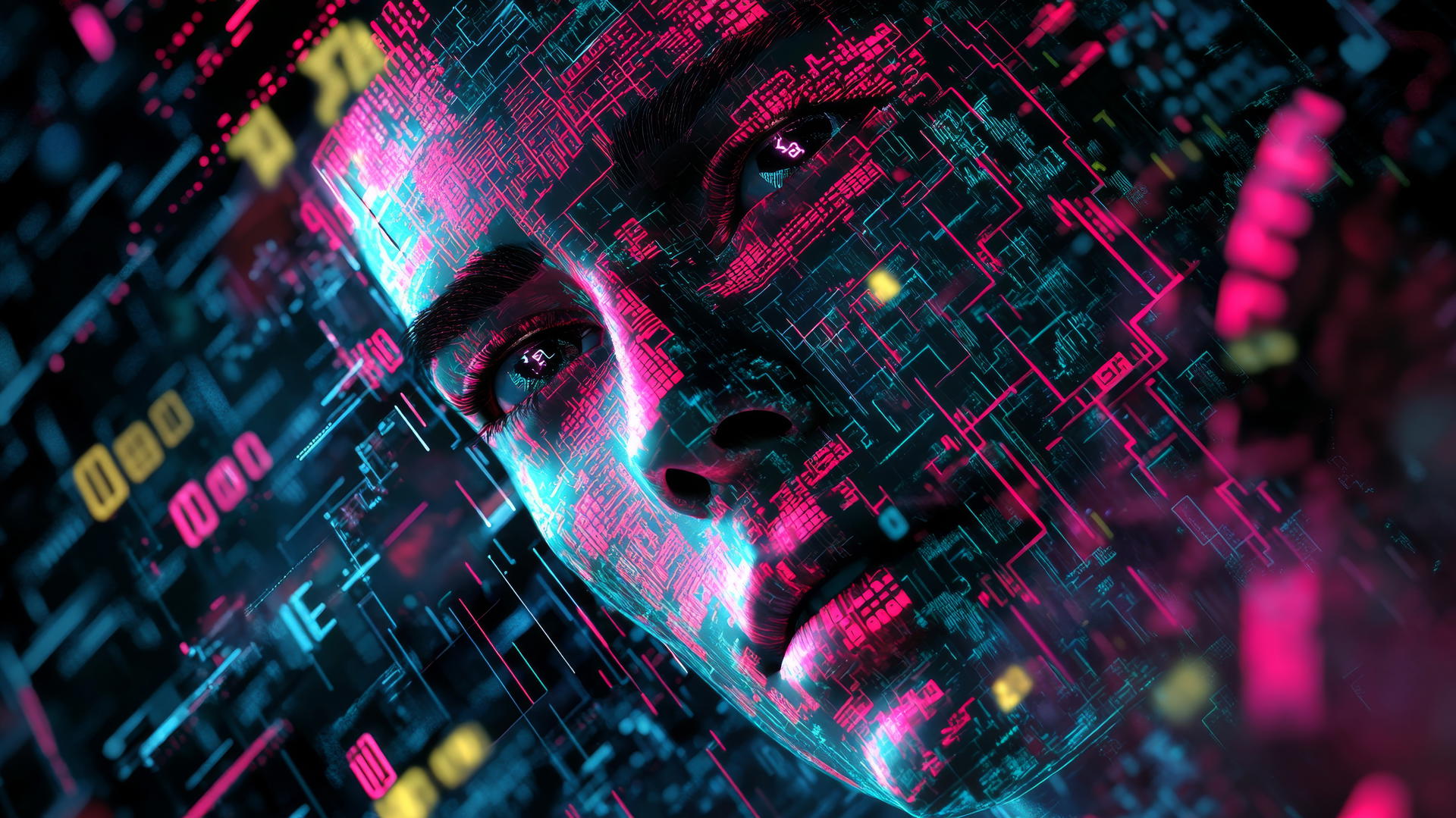 cyber Y2K wallpaper with glitchy digital face and neon circuits