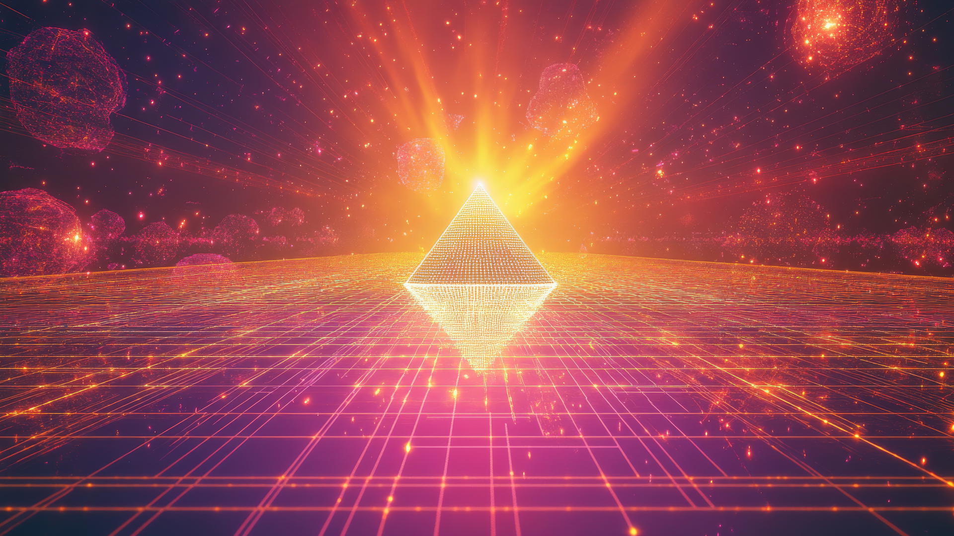 wallpaper y2k with retro-futuristic digital grid landscape, wireframe pyramid, floating particles, and holographic beams