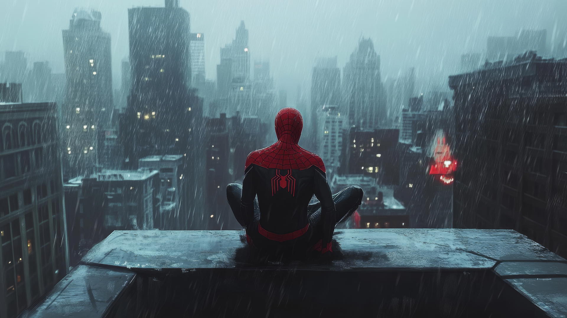 Spider-Man on a rooftop in a rainy, foggy cityscape with a mysterious atmosphere, spider man wallpaper aesthetic