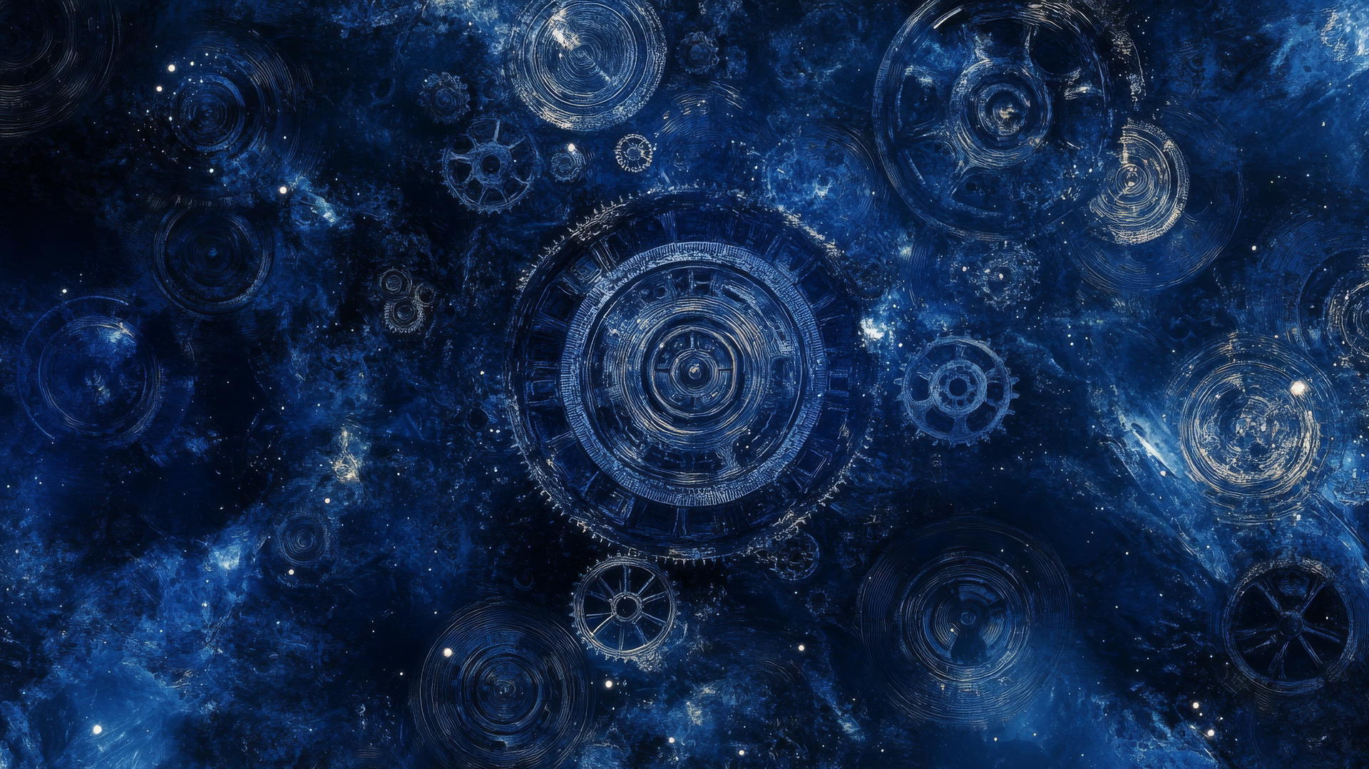 Navy blue wallpaper with cosmic clockwork, gears, and celestial motifs