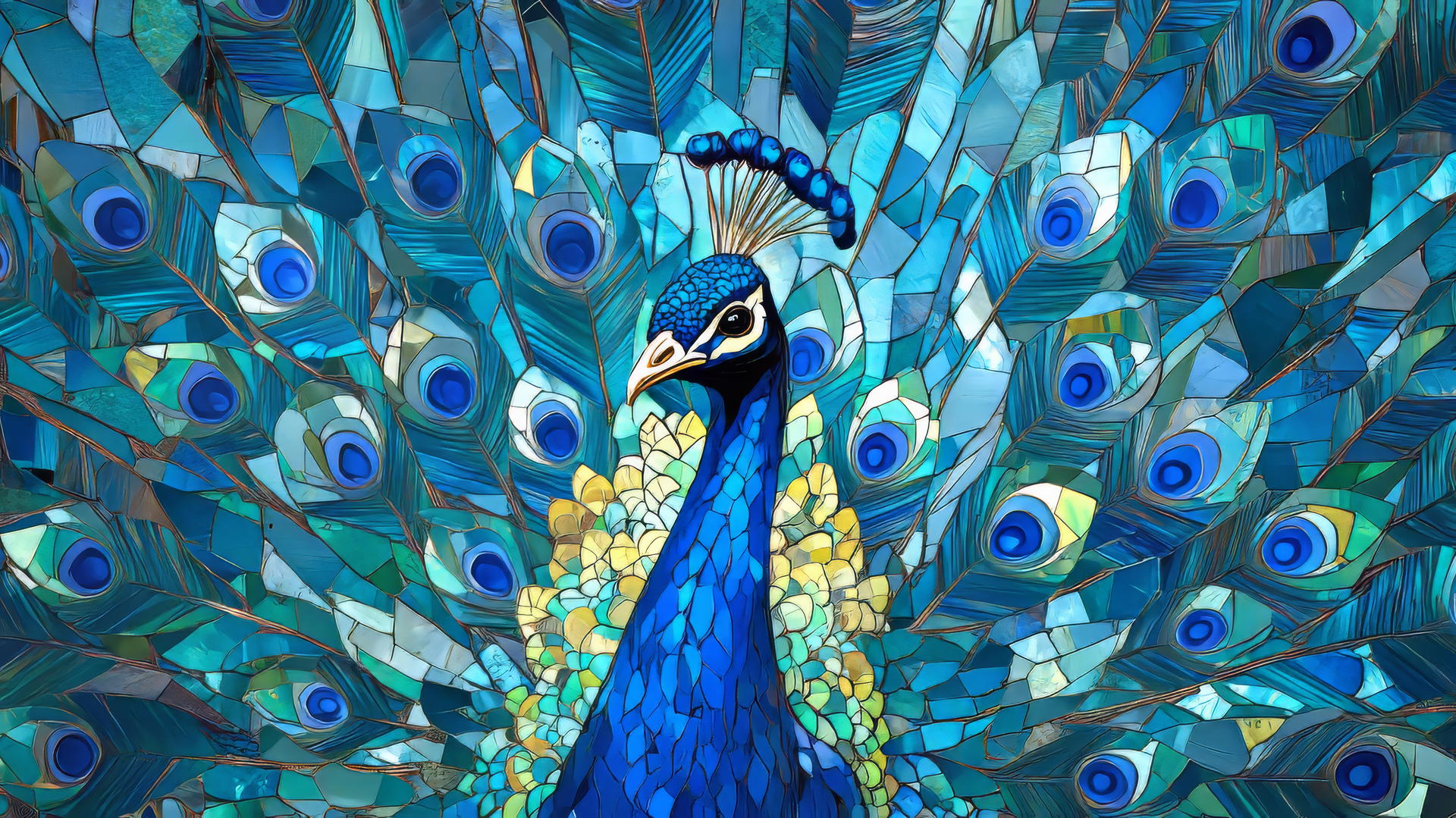 wallpaper blue showing a stylized mosaic of a peacock with vibrant blue feathers