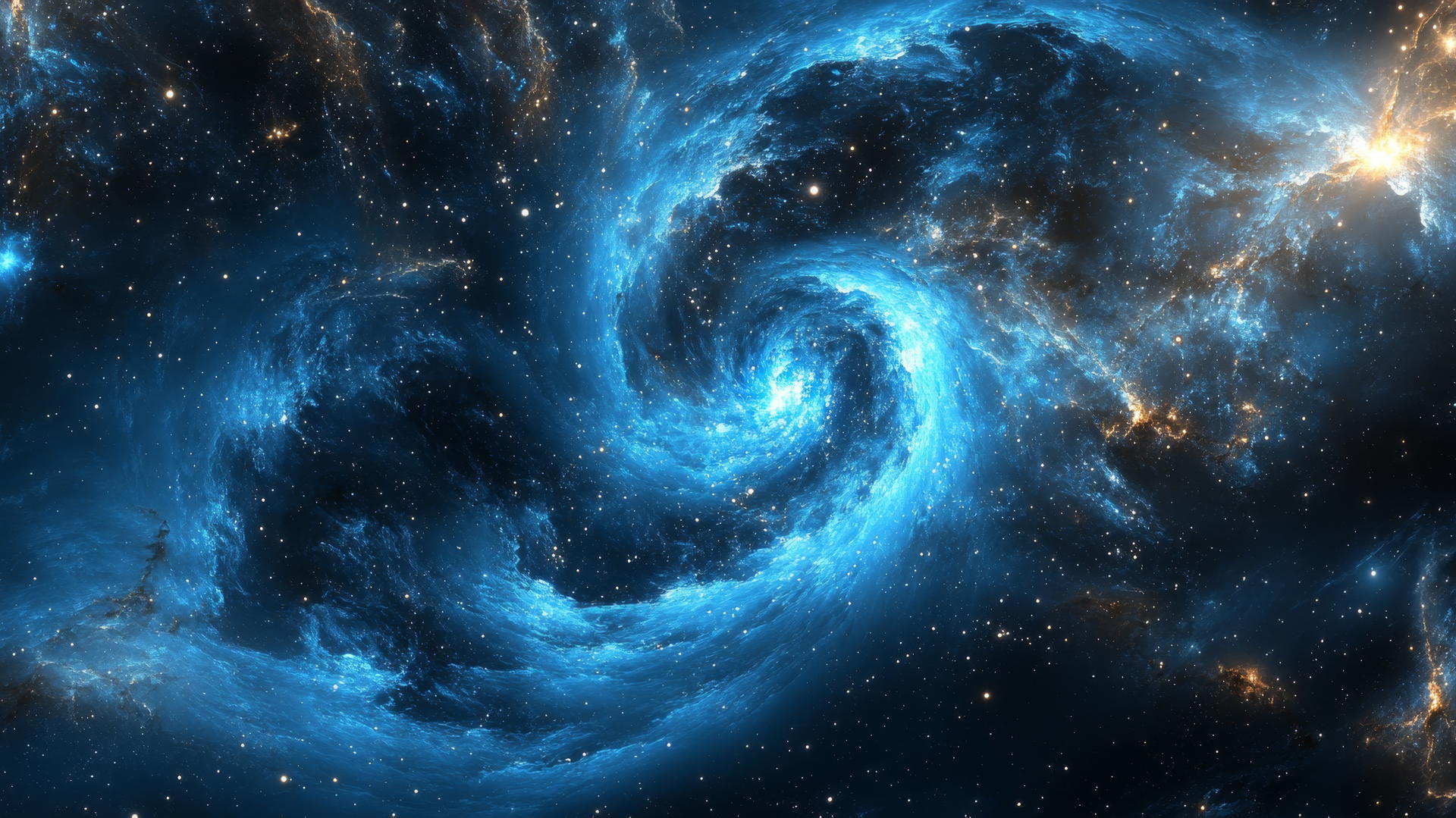 Wallpaper blue with swirling galaxies, twinkling stars, and nebulae.