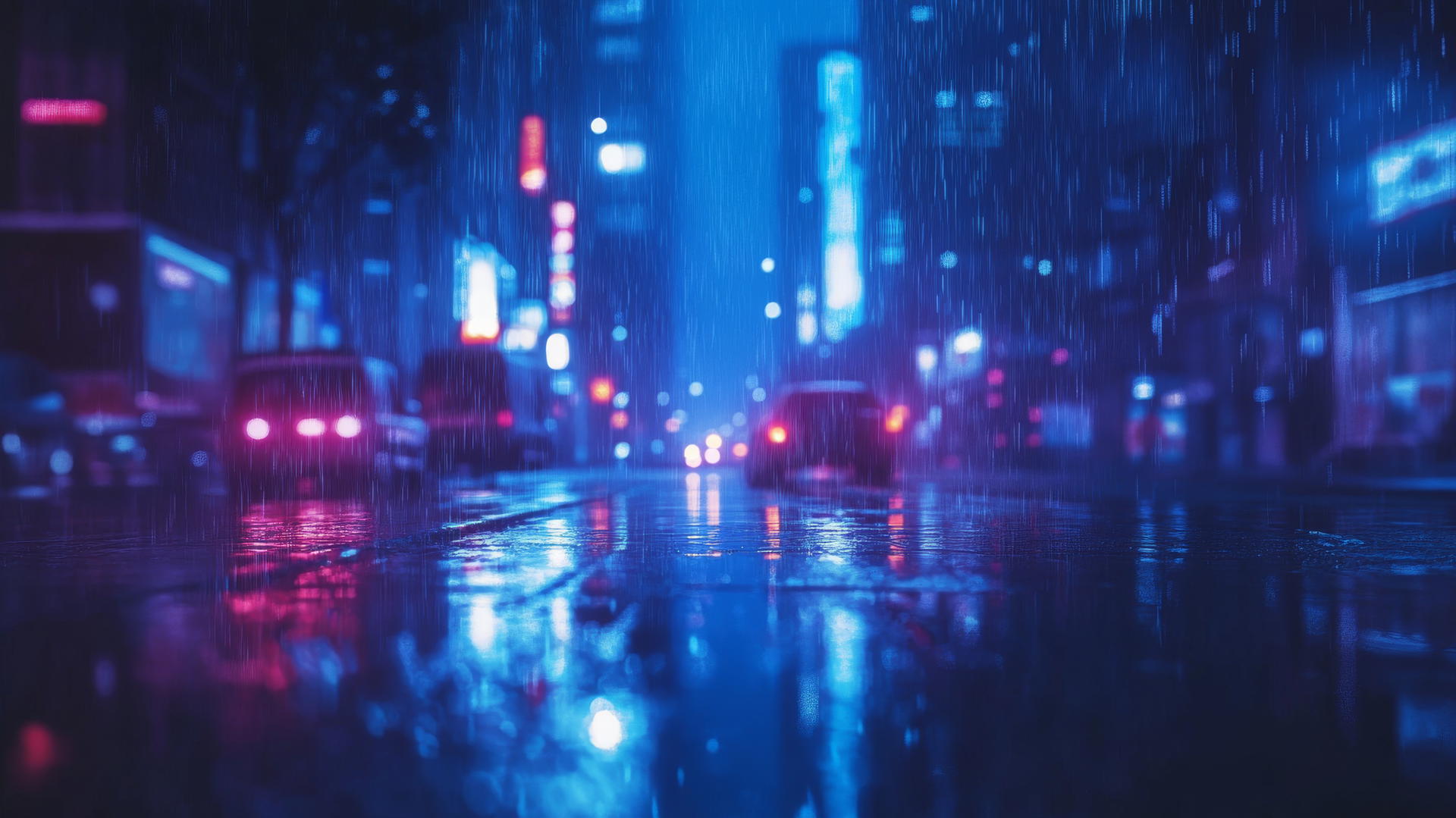 wallpaper blue digital rainy city street with light reflections