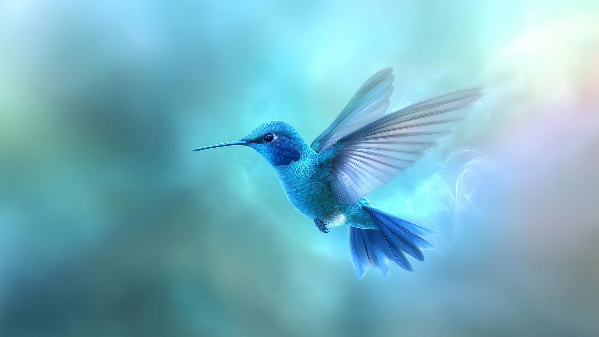 wallpaper blue hummingbird mid-flight on soft blue gradient