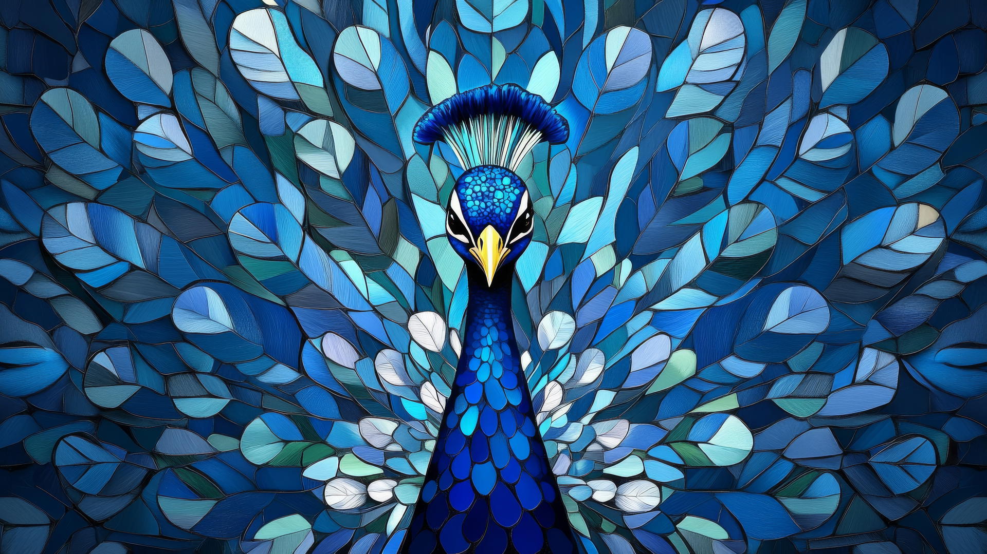 wallpaper blue mosaic of a peacock with vibrant feathers