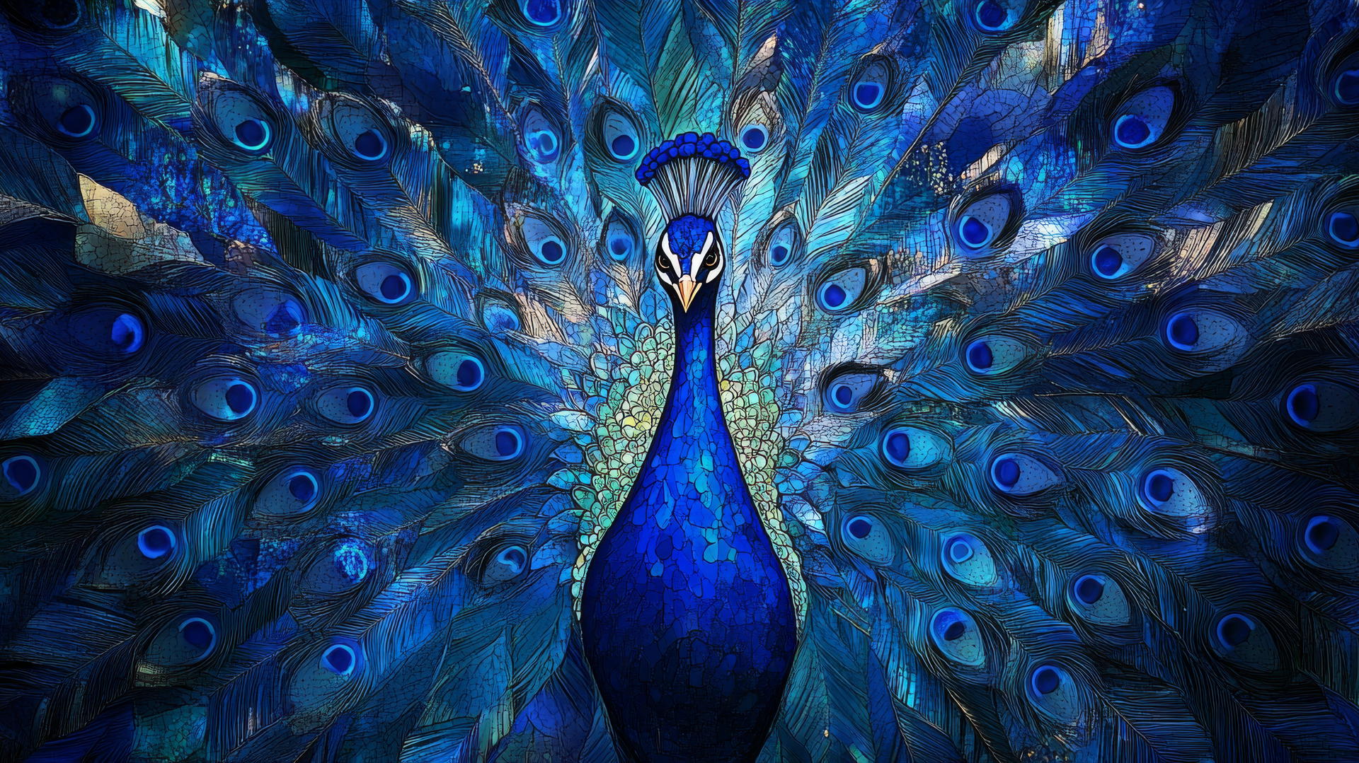 wallpaper blue mosaic of a peacock with vibrant blue feathers