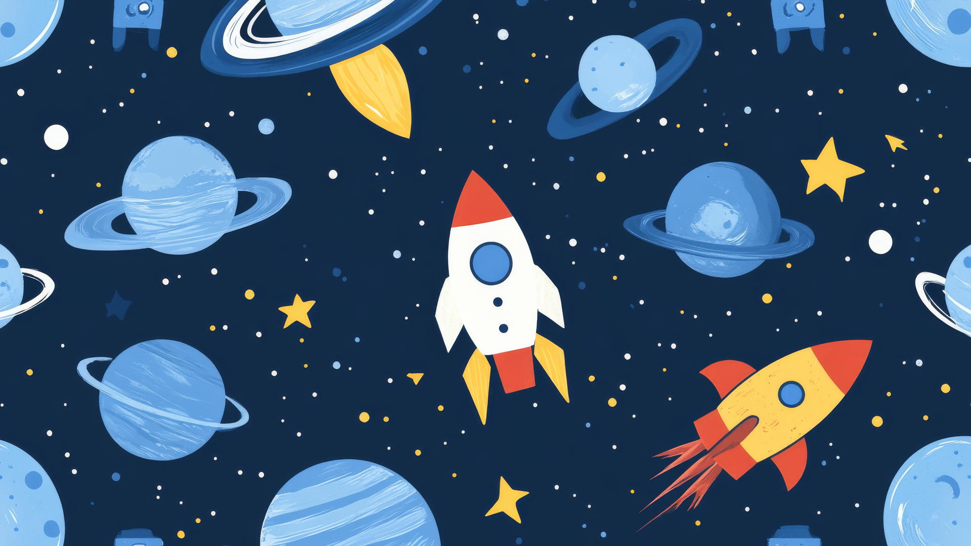 blue wallpaper for kids with space explorer theme, friendly aliens, rockets, planets, and stars
