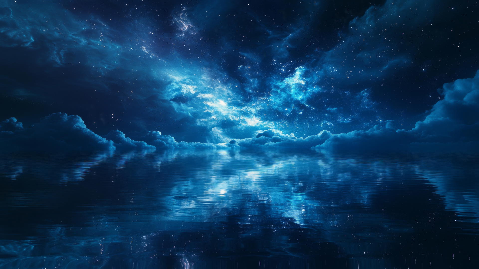Dark blue aesthetic wallpaper of a galaxy reflected in water with stars and nebulae.