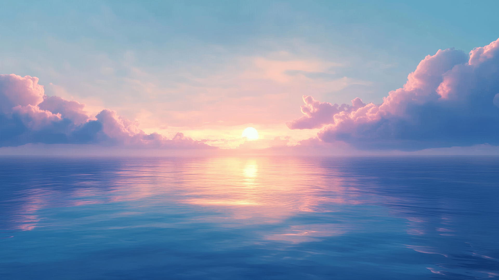 aesthetic blue wallpaper with dreamy sunset over calm ocean and pastel clouds