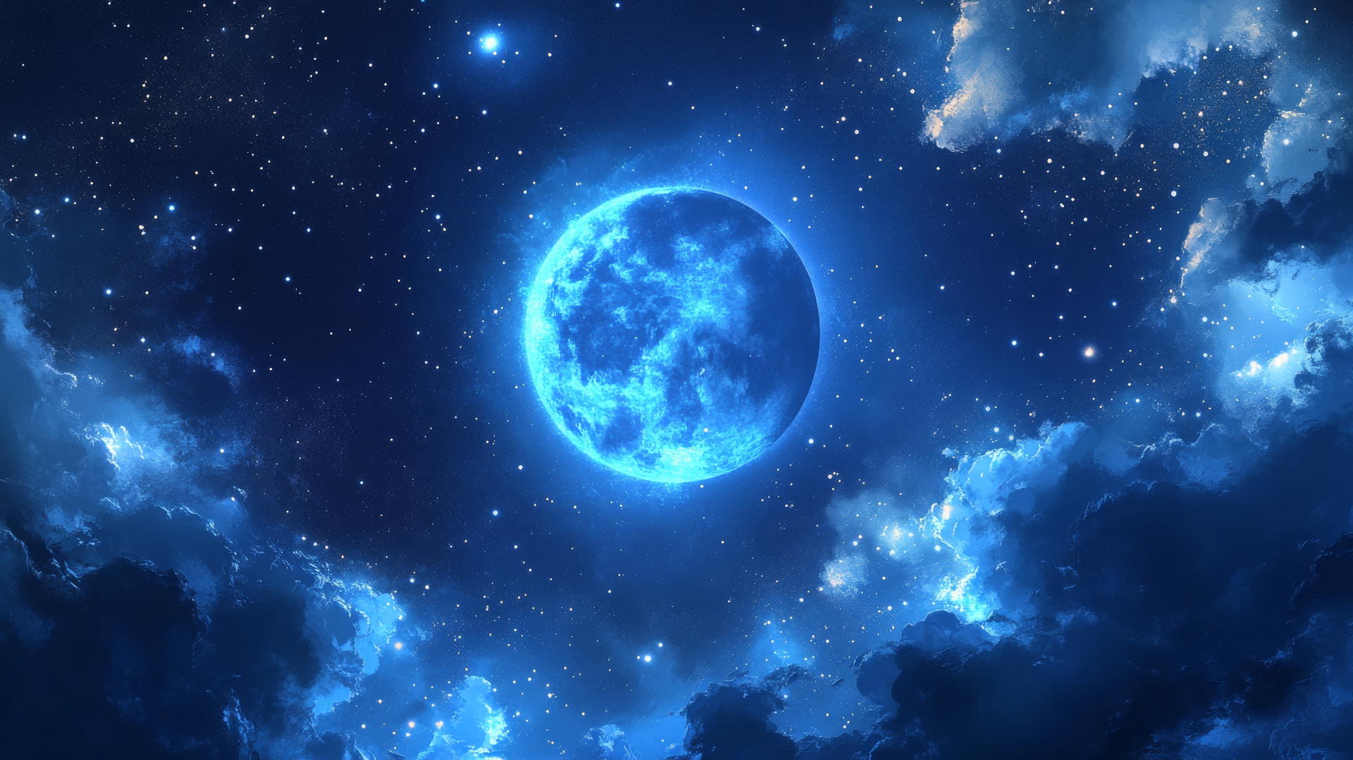 Aesthetic blue wallpaper with celestial blue moon and starry night sky