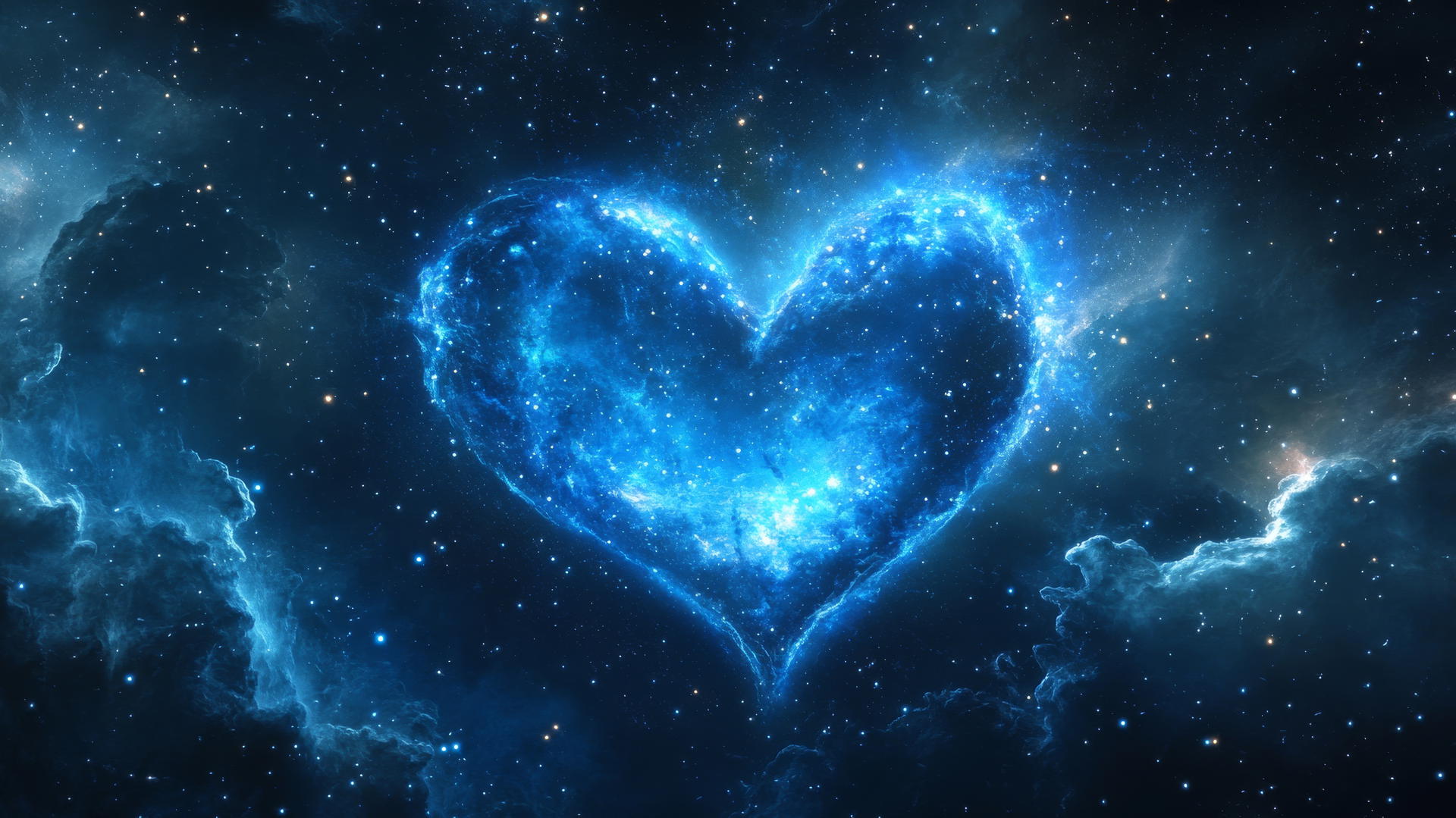 blue heart wallpaper with a heart-shaped galaxy, stars, and nebulae