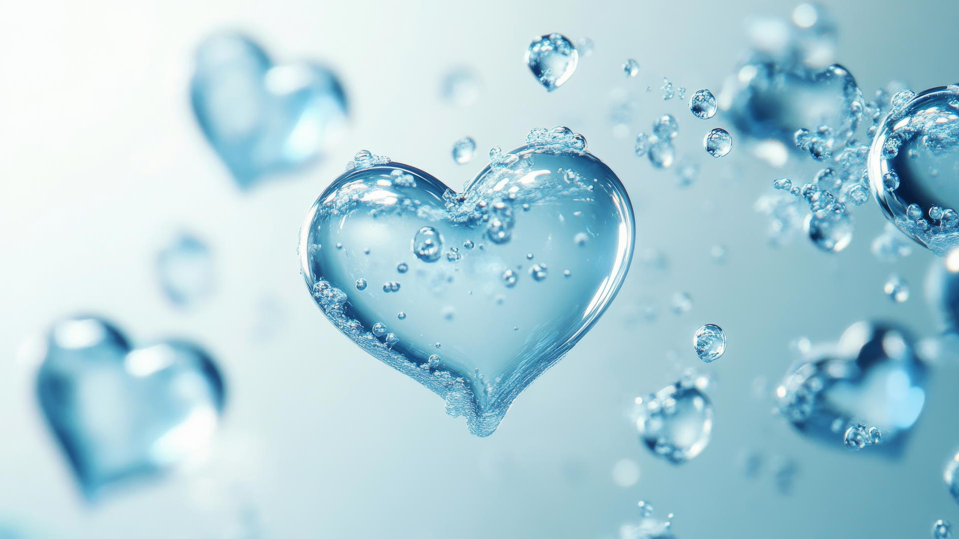 Blue heart-shaped bubbles floating and bursting against pale blue background.