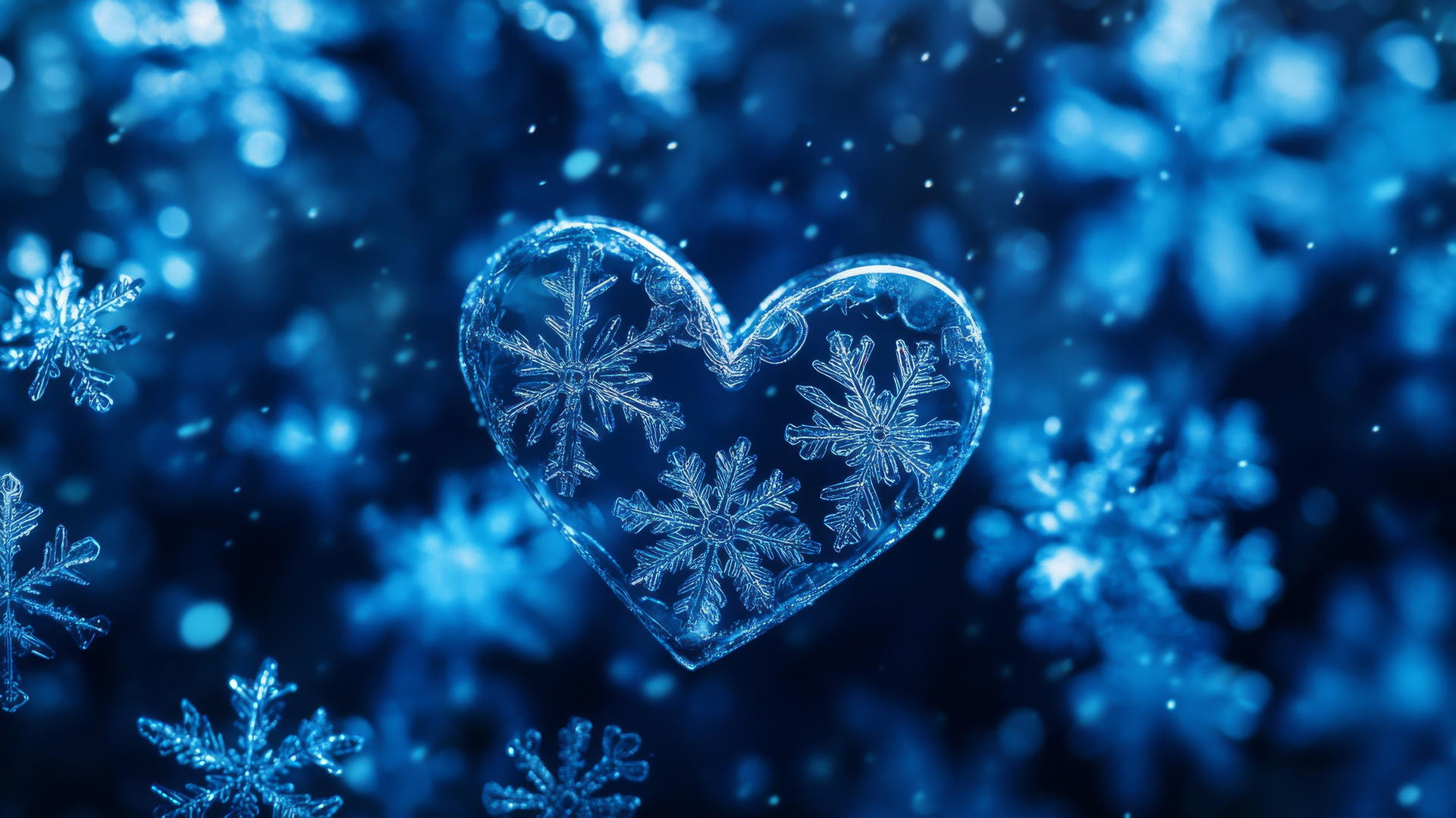 blue heart wallpaper with intricate heart-shaped snowflakes on dark blue background