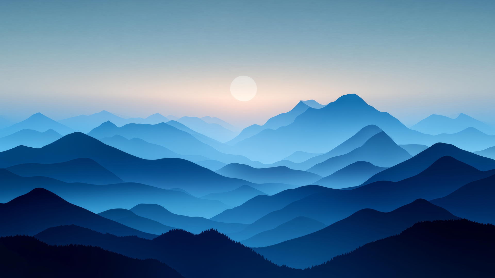 aesthetic wallpaper blue mountain silhouettes at dawn with mist and gradients