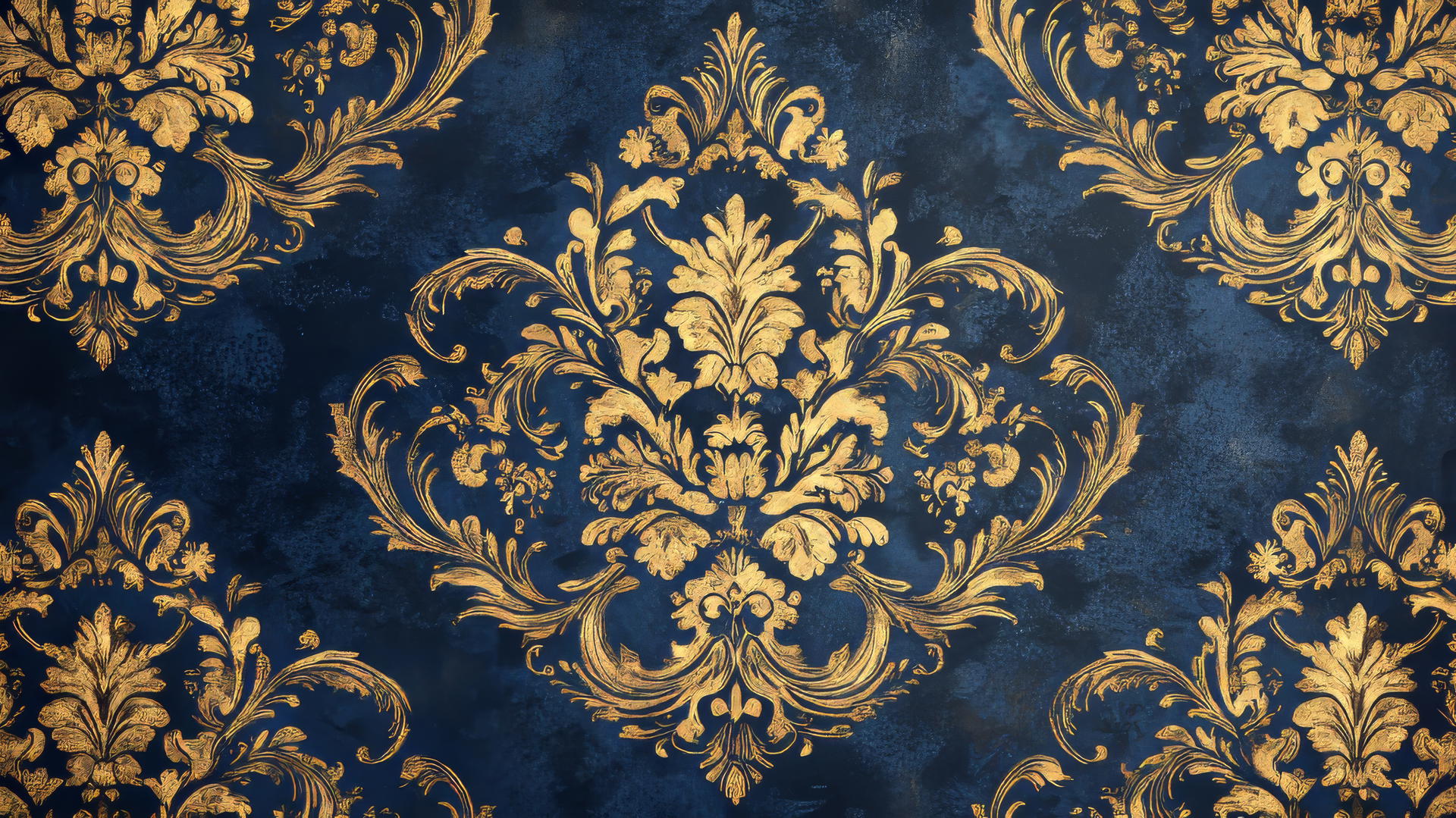 Royal blue wallpaper with intricate Baroque pattern, gold floral motifs