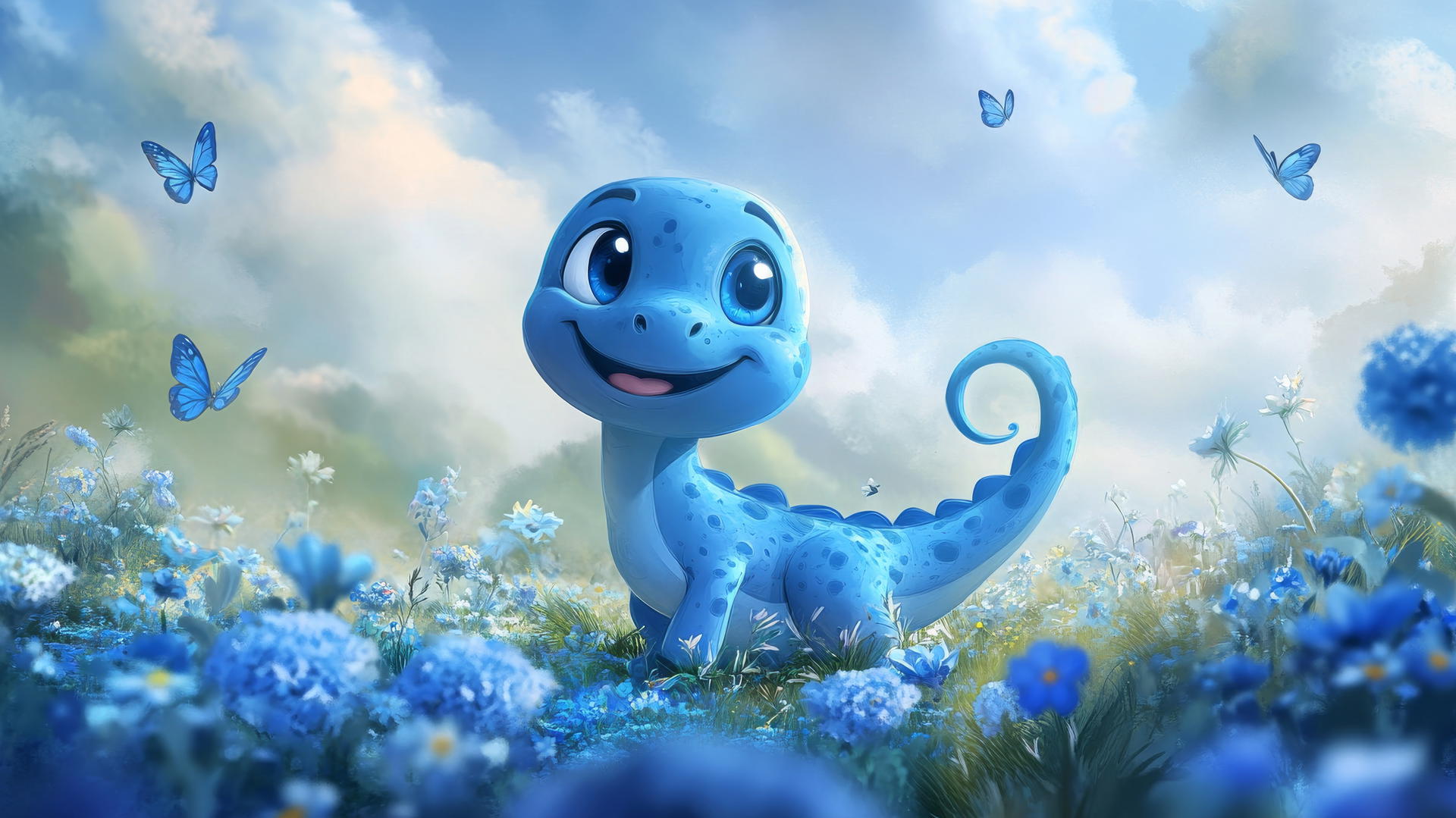 Cute blue wallpaper featuring cartoon blue dinosaur with big eyes and playful smile in a field of blue flowers.