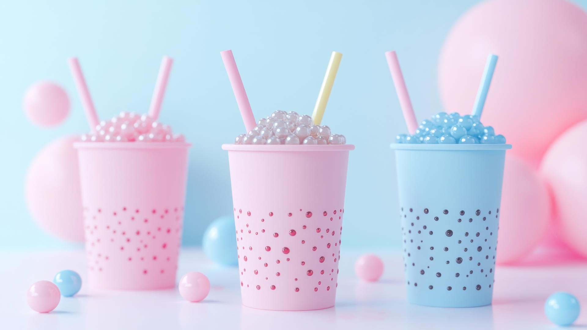 pink and blue wallpaper with bubble tea cups and tapioca pearls