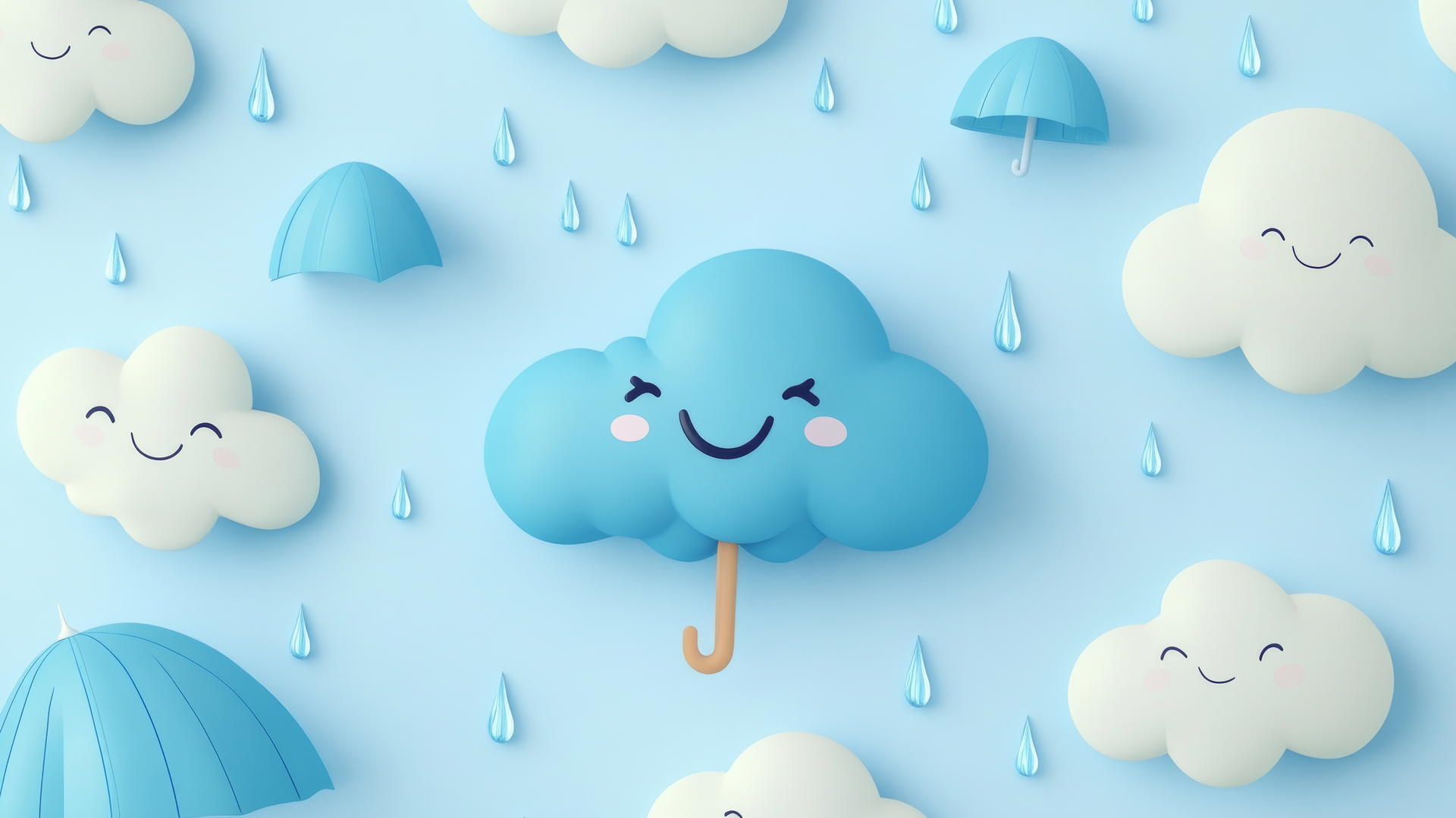 Cute blue wallpaper with cartoon raindrops, happy clouds, and little umbrellas.