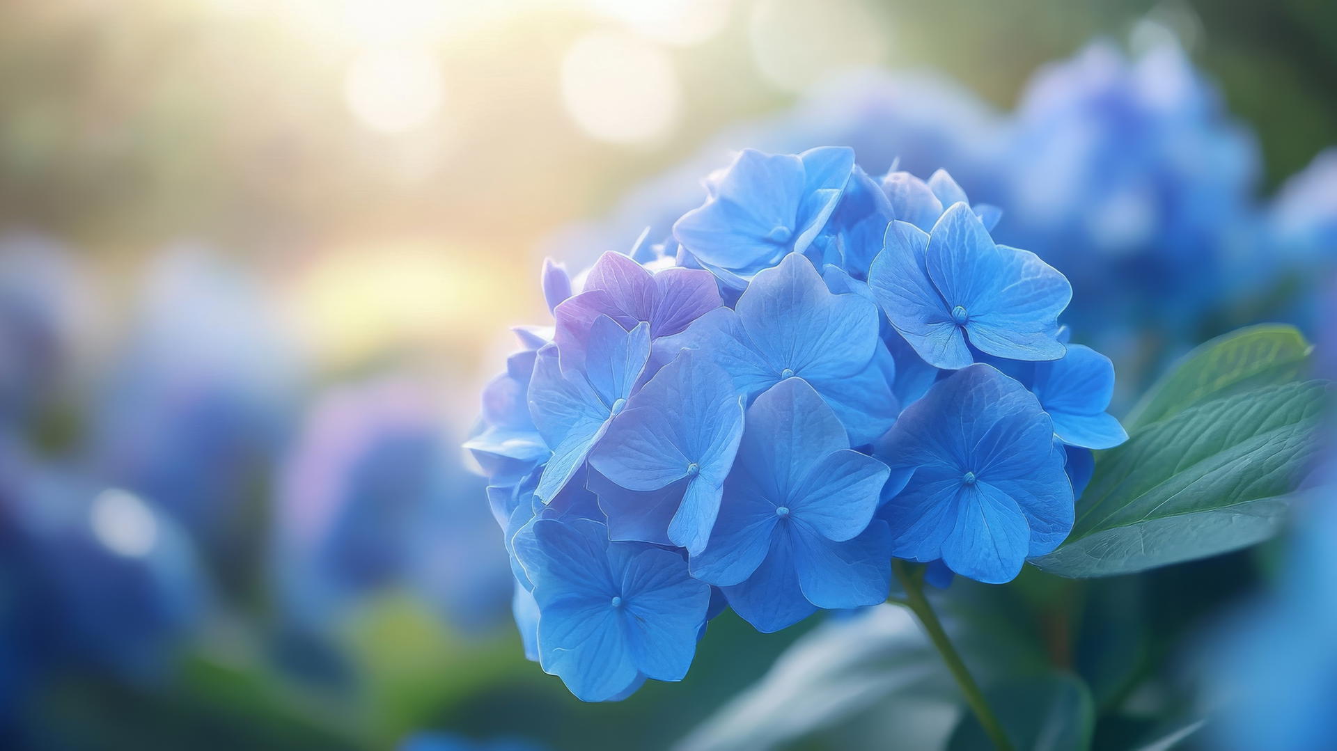 Blue flower wallpaper featuring glowing blue hydrangeas against a blurred garden background.