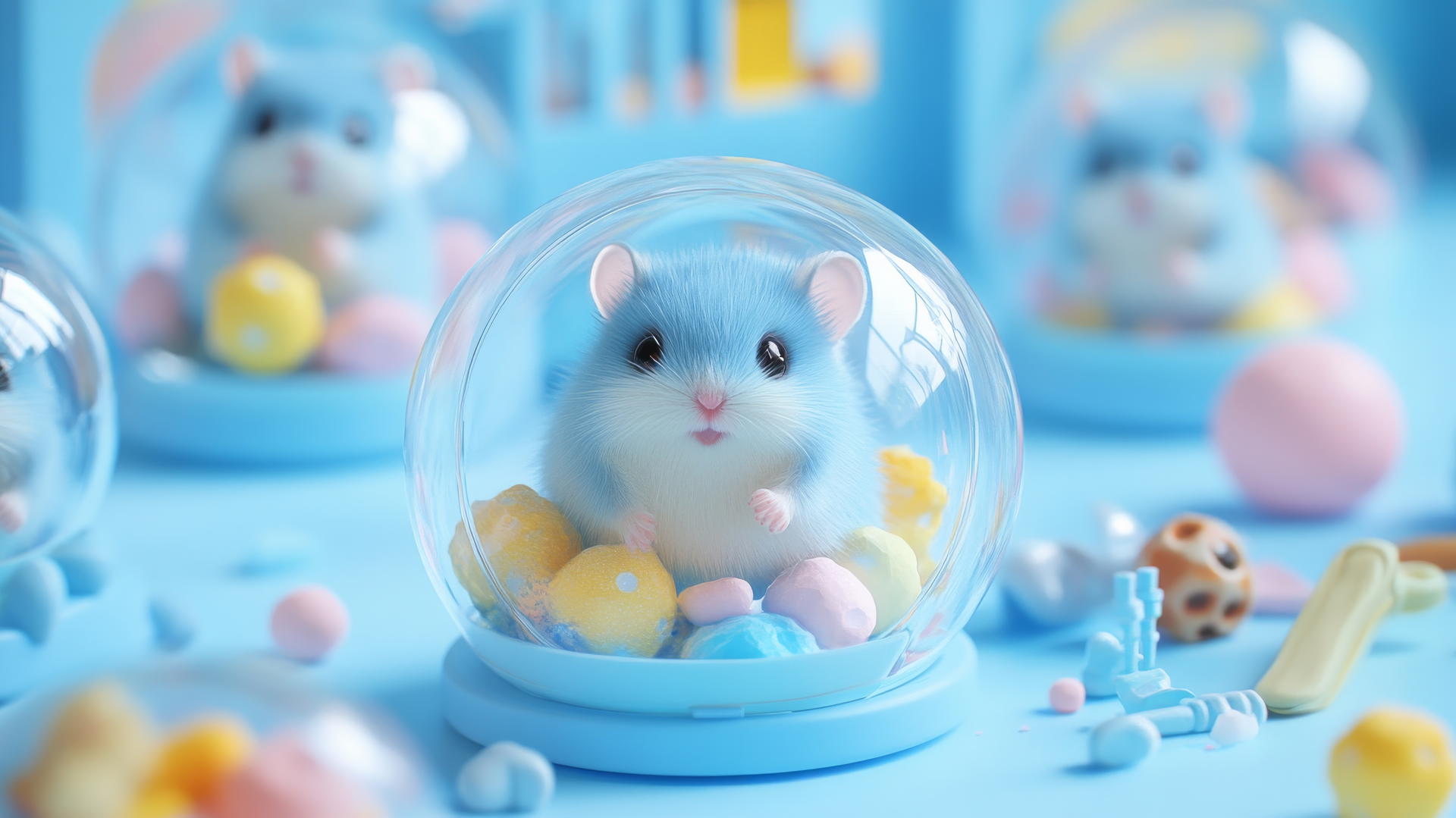 cute blue wallpaper with adorable hamsters in transparent hamster balls