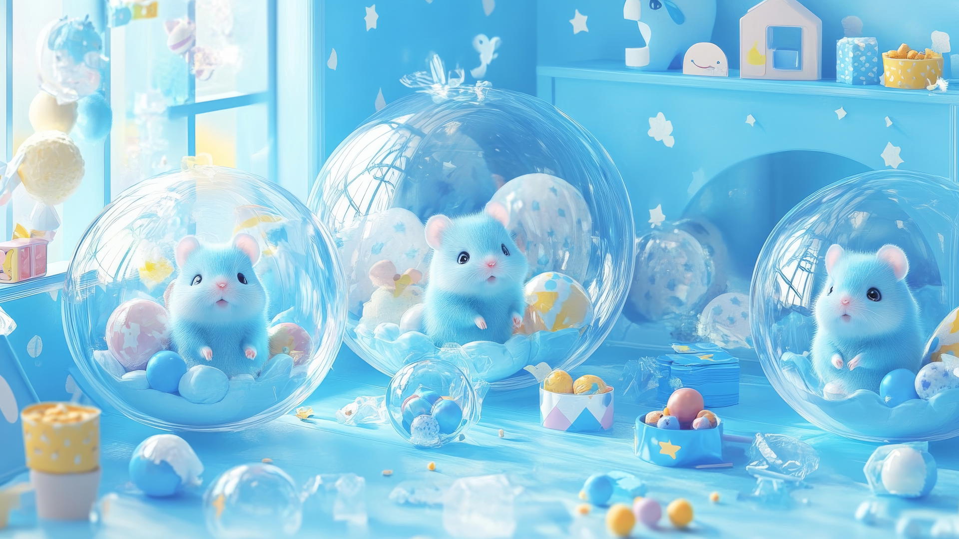 Cute blue wallpaper with adorable blue hamsters in transparent balls in a pastel blue playroom.