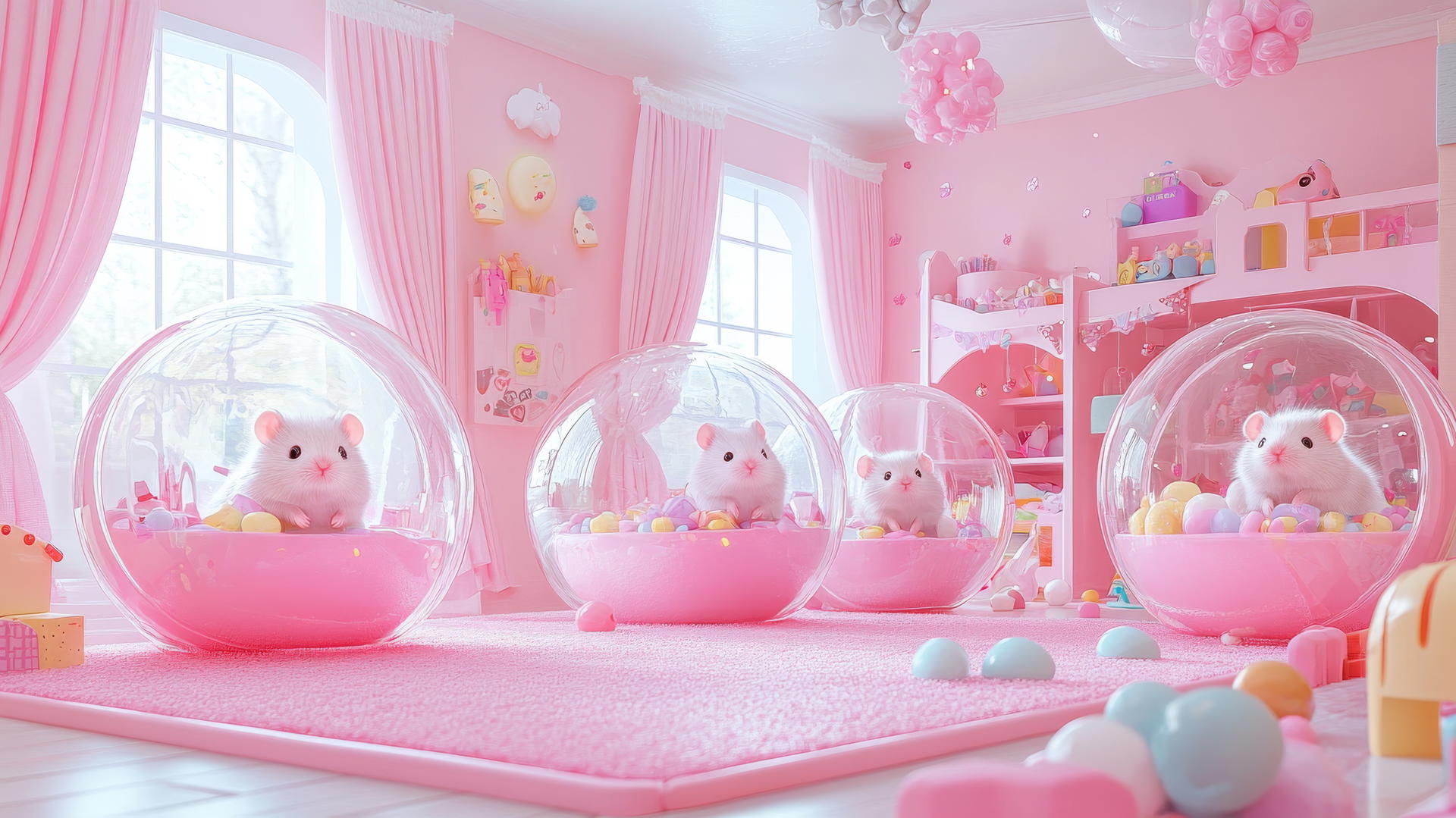 cute pink wallpaper with adorable pink hamsters in hamster balls in a pastel pink playroom